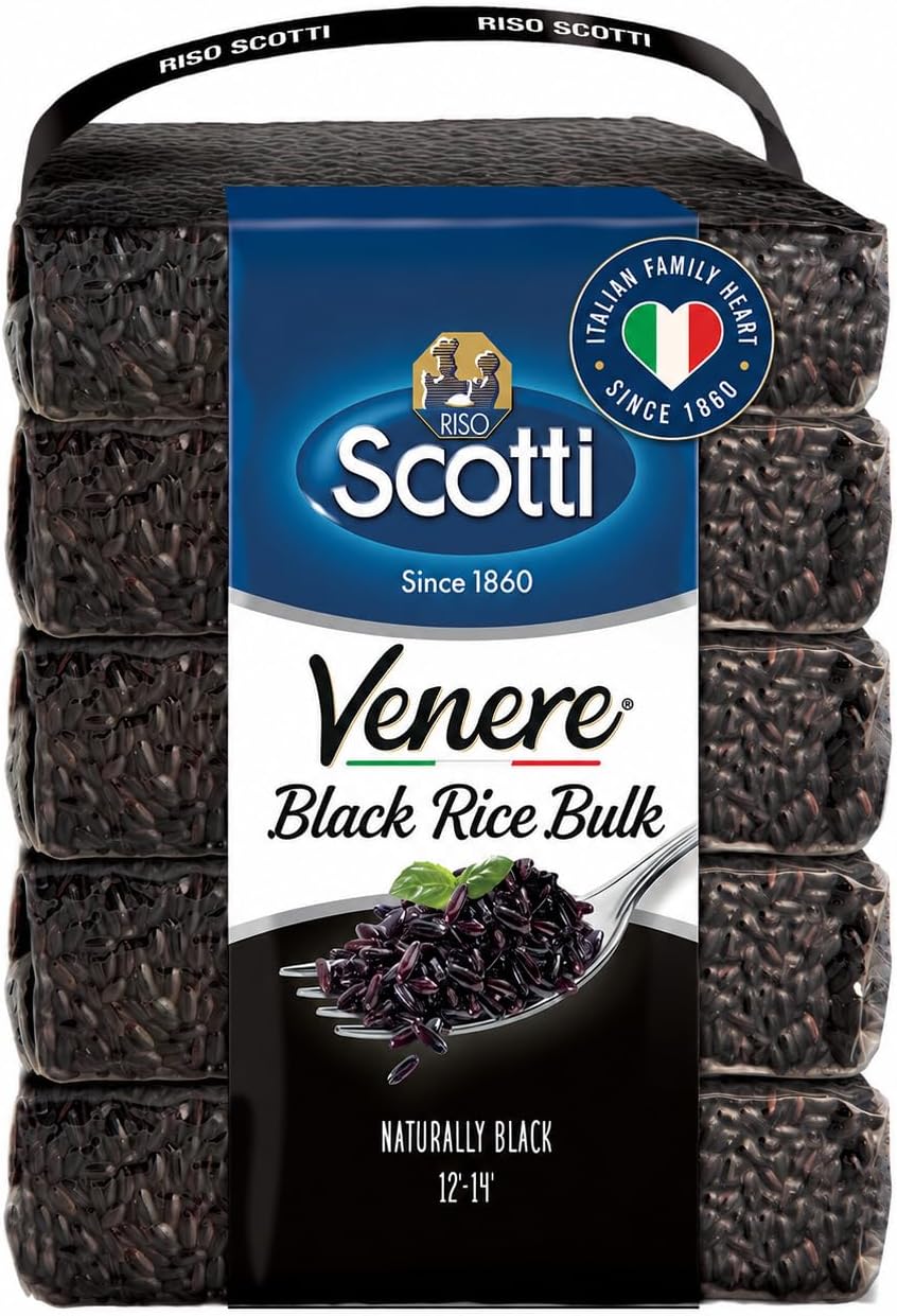 Riso Scotti - Black Rice, Venere, Whole Grain Rice, 11 lbs (5 Pack x 1 Kg) | All Natural, Venere Black Rice, Whole Grain Black Rice with Nutty Flavor, Non GMO, Gluten Free, Product of Italy