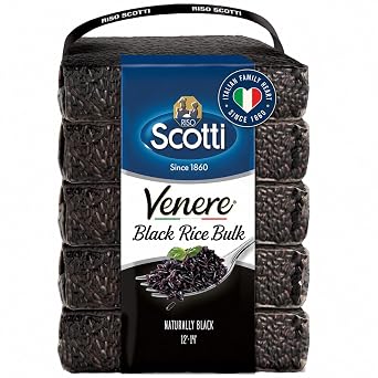 Riso Scotti - Black Rice, Venere, Whole Grain Rice, 11 lbs (5 Pack x 1 Kg) | All Natural, Venere Black Rice, Whole Grain Black Rice with Nutty Flavor, Non GMO, Gluten Free, Product of Italy