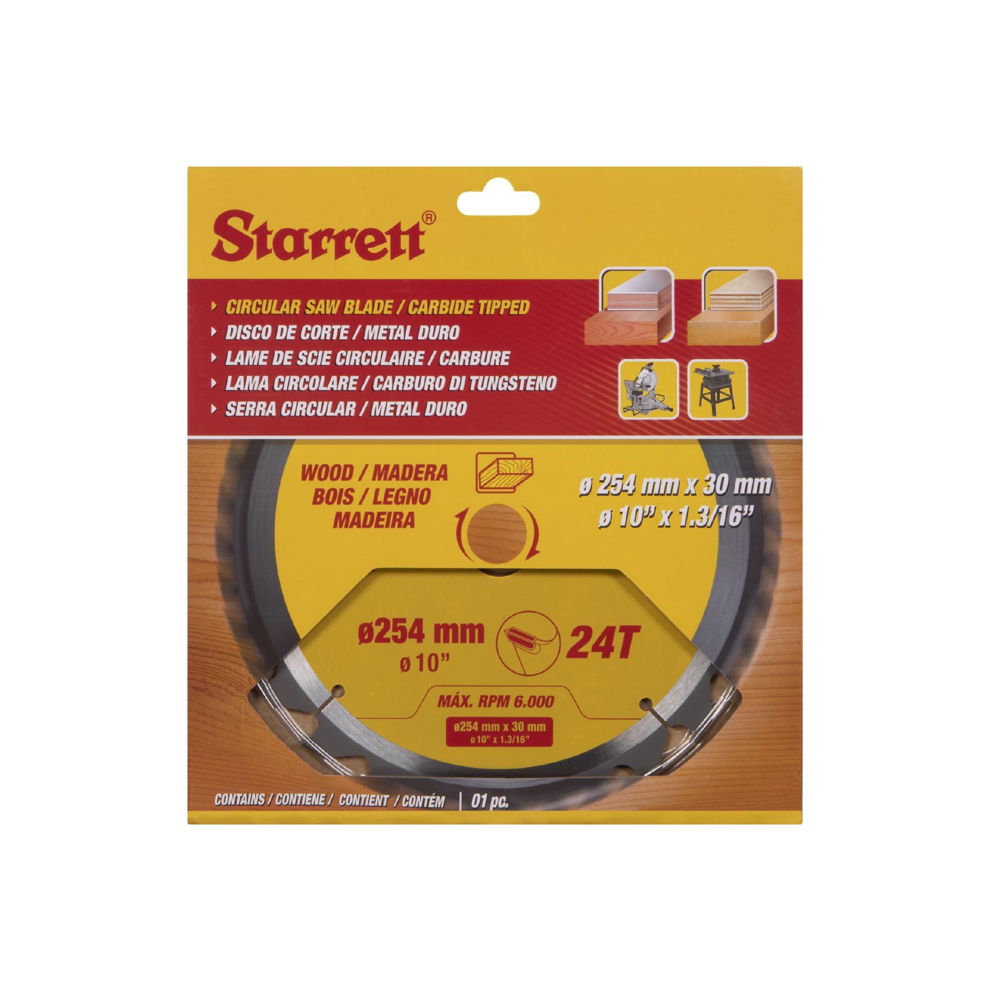 Starrett Lame de scie circulaire TCT 254 mm pour bois, 24 dents, alésage 16/19/25/30 mm