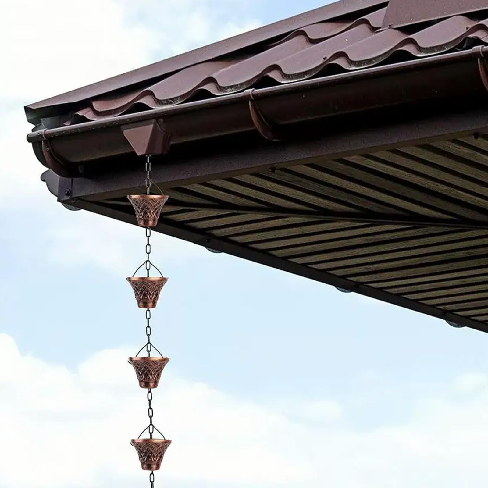 Genérico Cadenas De Lluvia para Canalones | Tubo De Desagüe Decorativo De Cobre 2.7 Metros,Cadena De Lluvia Decorativa con 12 Tazas | para Casa Jardín Exterior Pérgola Techo Toldo