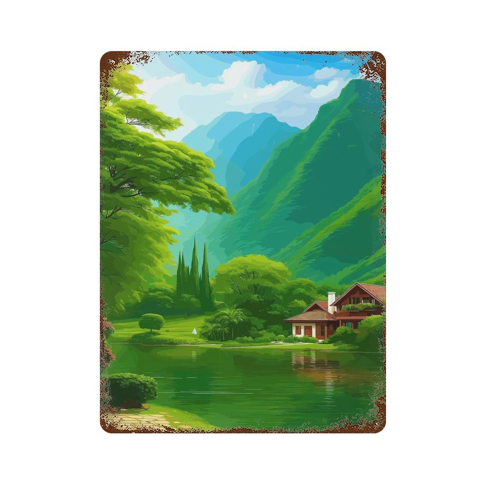 Lakeside House in Green Landscape Distressed Metal Wall Sign 15.7"x11.8", Ideal for Garage, Bar And Workshop Decor