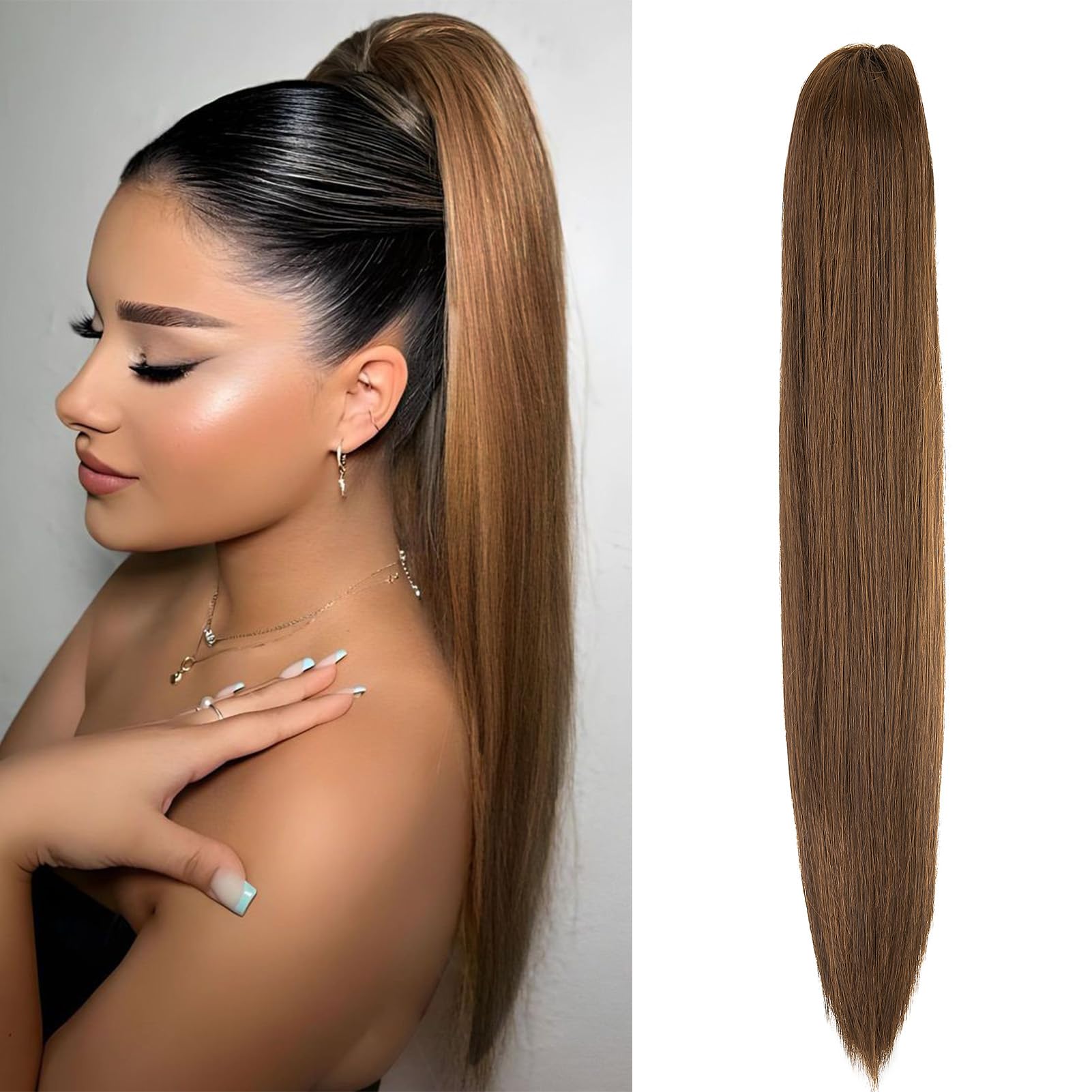Cybelleza 20inch Ponytail Hair Extensions Straight Ponytail Claw Jaw on Long Straight Pony Tails Clip in Hair Extensions Synthetic Hair pieces for Women Dark Brown & Light Auburn
