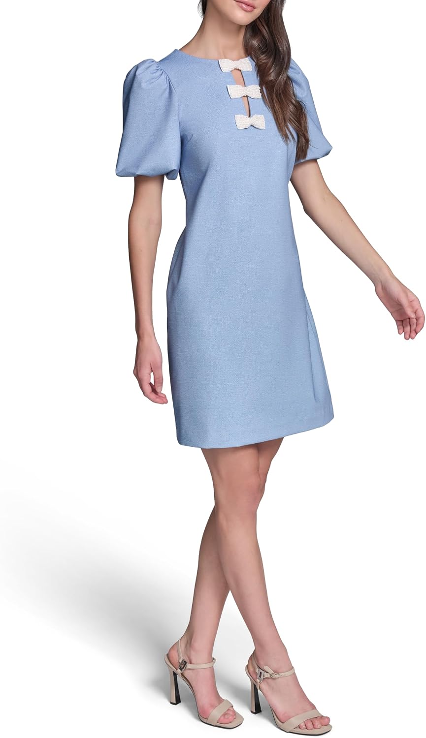 Karl Lagerfeld Women's Short Puff Sleeve Bow Detailed Neck A-line Mini Dress