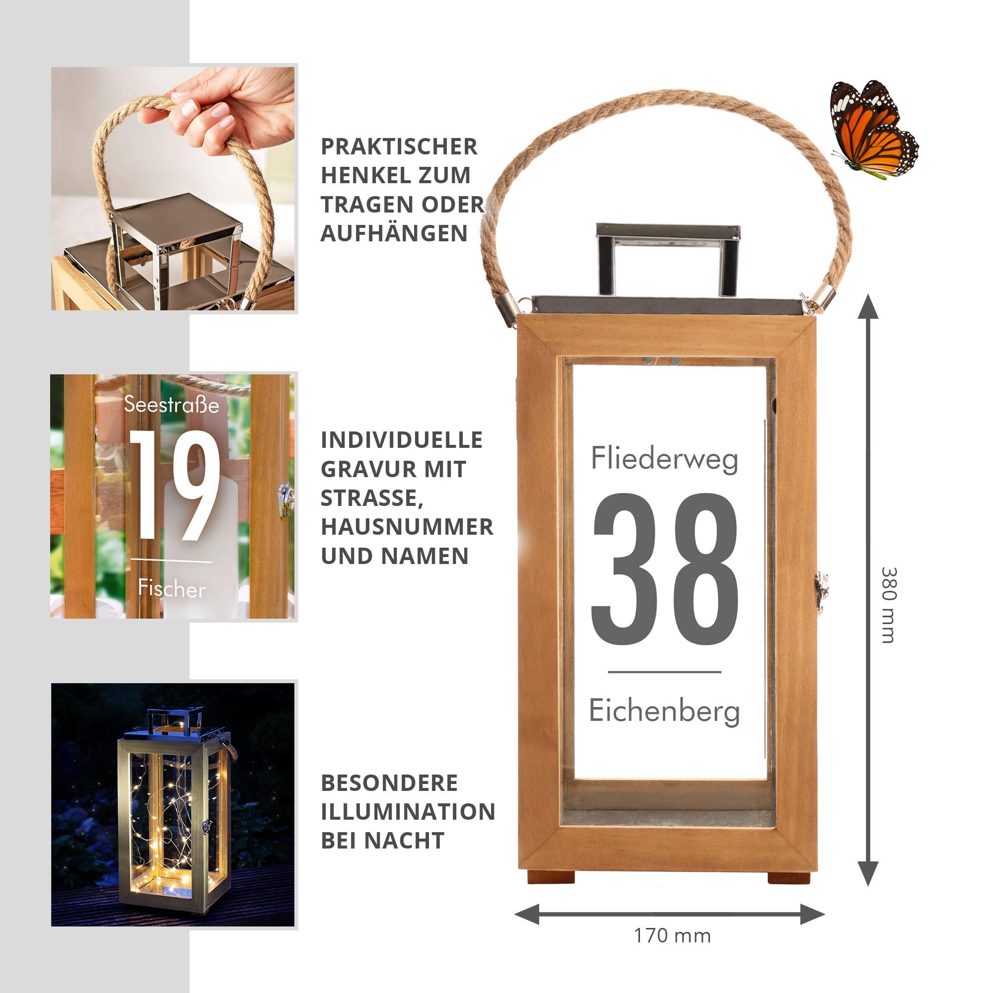 Casa Vivente Rostfreie Laterne aus Holz personalisiert mit Name und Adresse, individuelles Hochzeitsgeschenk für Paare, Garten, Terrasse, Hausflur, rostfrei, Modern
