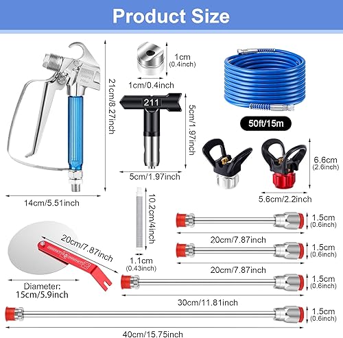 Miniatura 5 de Kit de Pistola Pulverizadora de Pintura Sin Aire de 22 Piezas, Pistola de Pulverización Sin Aire de 3600PSI con Manguera de Alta Presión de 50 Pies