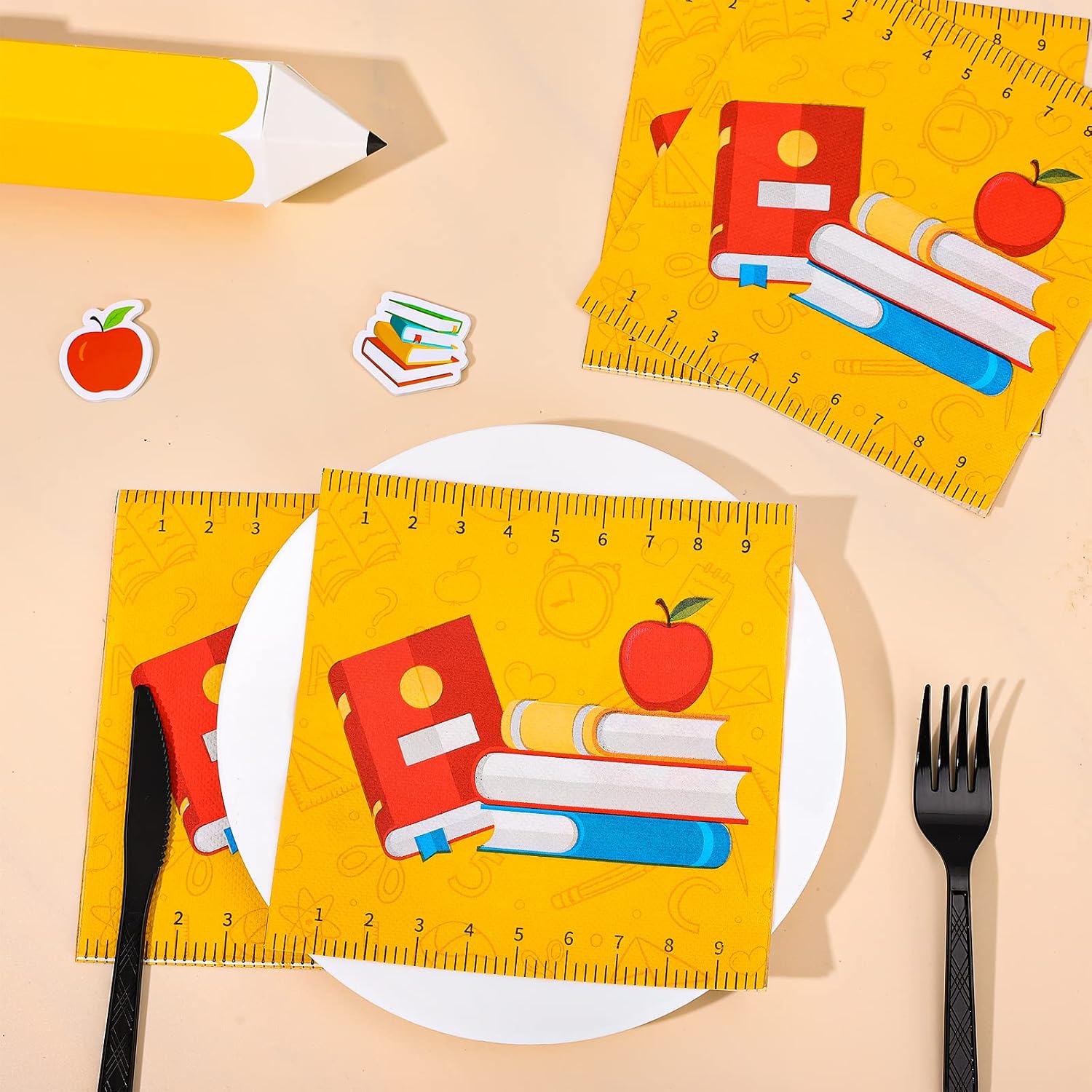 Whaline 80 Pack Back to School Paper Napkins 6.5 x 6.5 Inch Ruler Scales Book Apples Prints Paper Napkins Yellow Disposable Luncheon Napkin for First Day of School Party Supplies Table Decoration