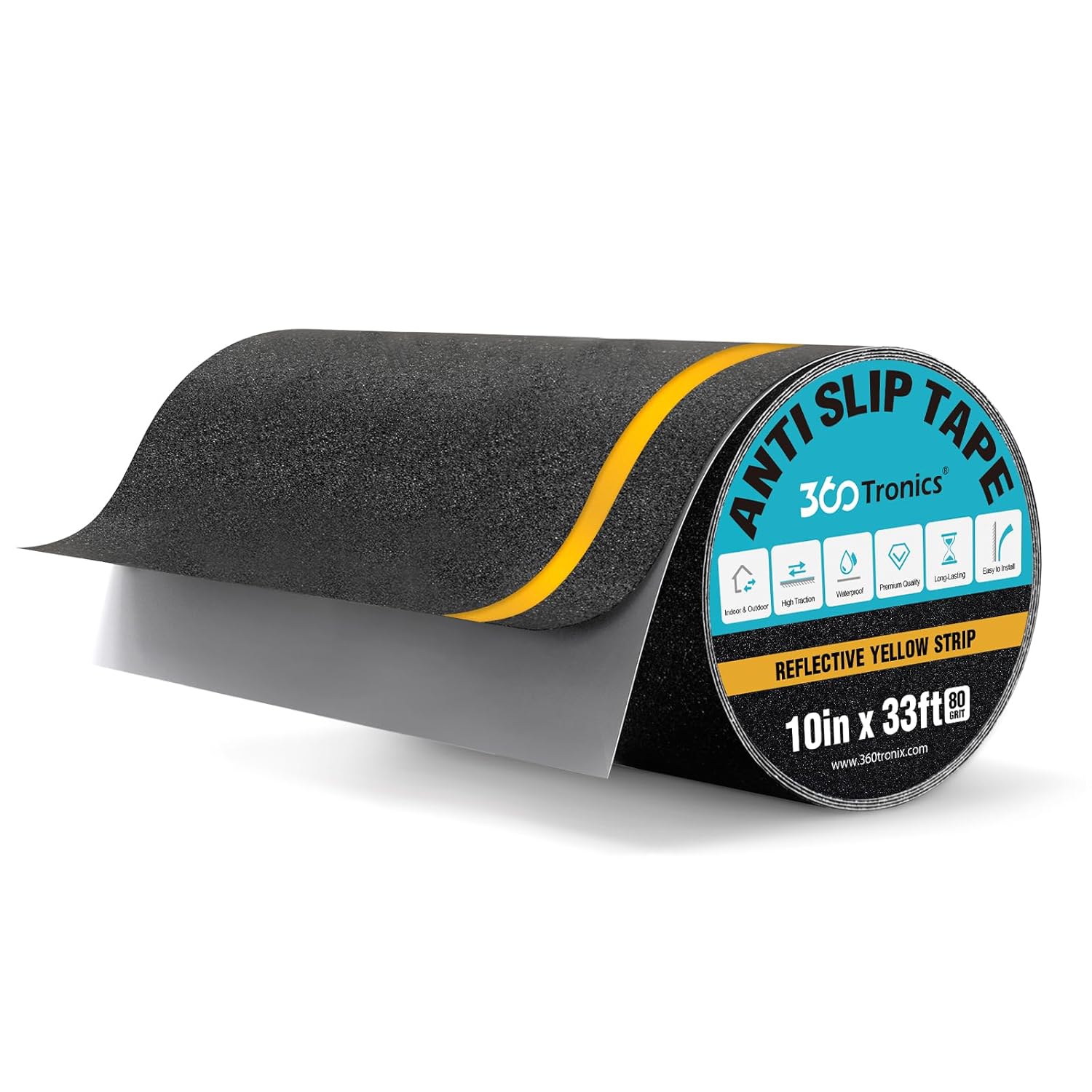 Wide Black Anti-Slip Grip Tape with Yellow Reflective Stripe, 10" x 33ft Heavy Duty Waterproof Traction Tape Roll for Outdoor & Indoor Stairs Steps Treads Ramps