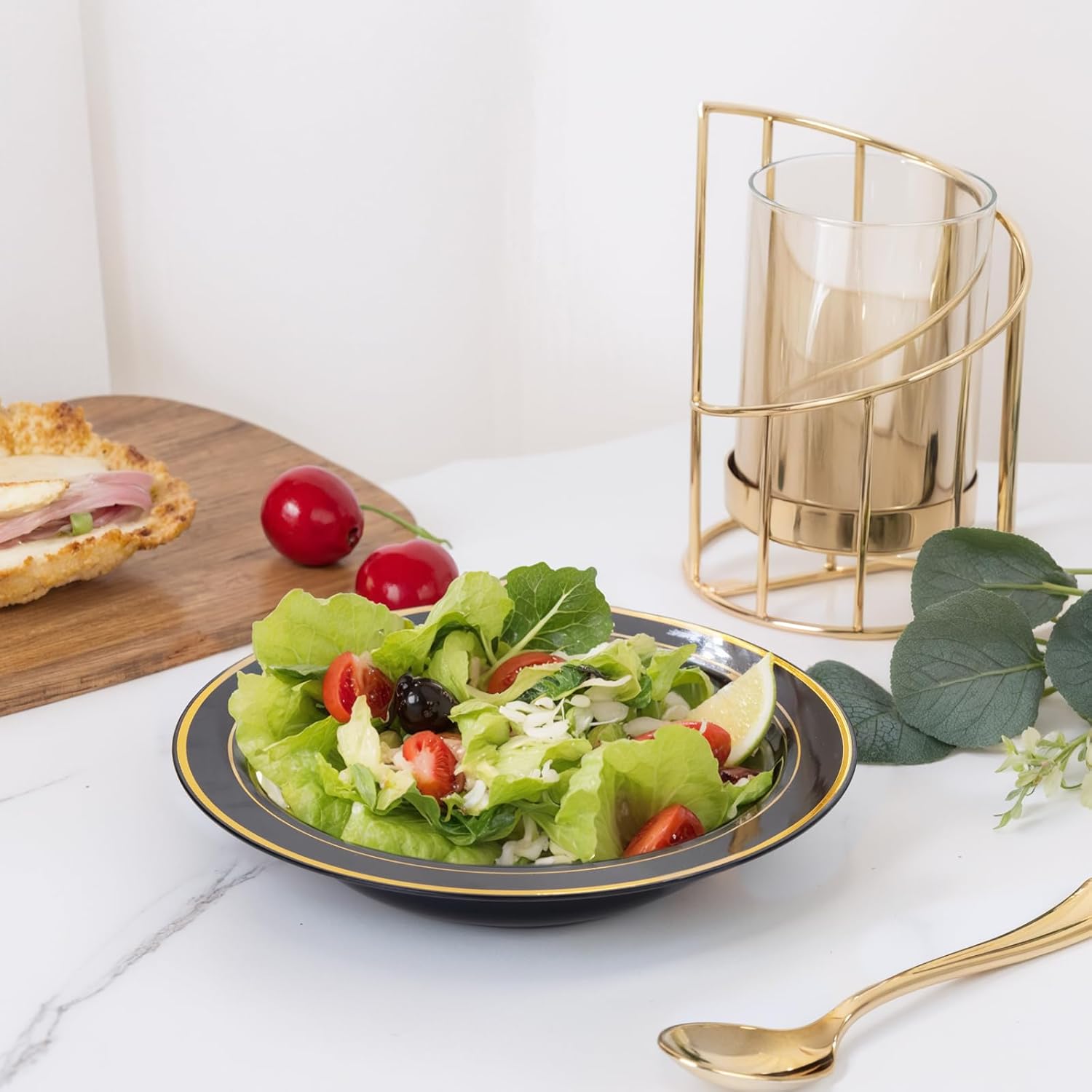 bUCLA 120 Pack Disposable Plastic Bowls 12oz - Black with Gold Trim Plastic Party Bowls for Salad, Soup, Dessert, Picnic, Catering, Ideal for Party & New Year