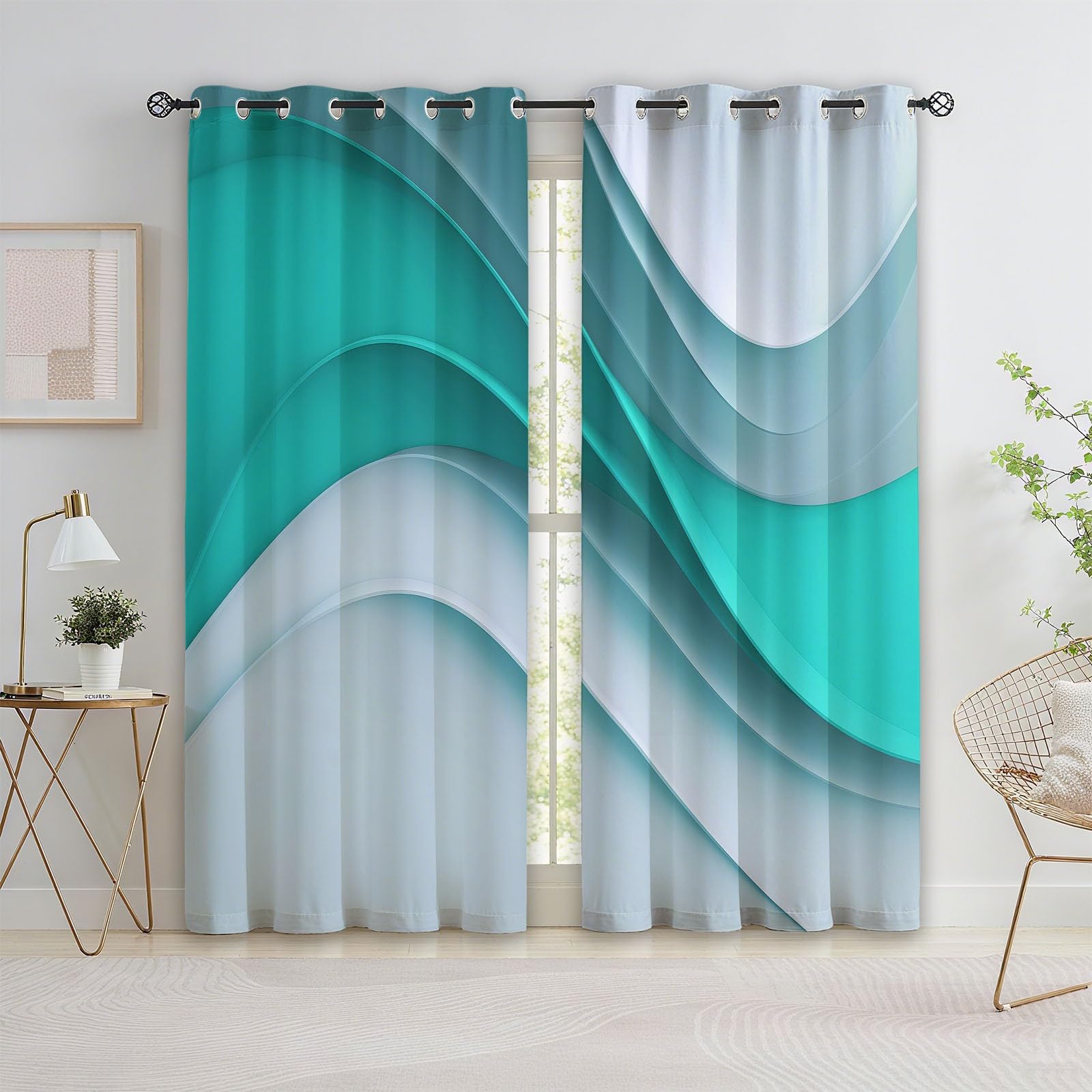 Rideau occultant thermique vagues bleu-vert bloquant le froid pour une chambre d'enfant apaisante