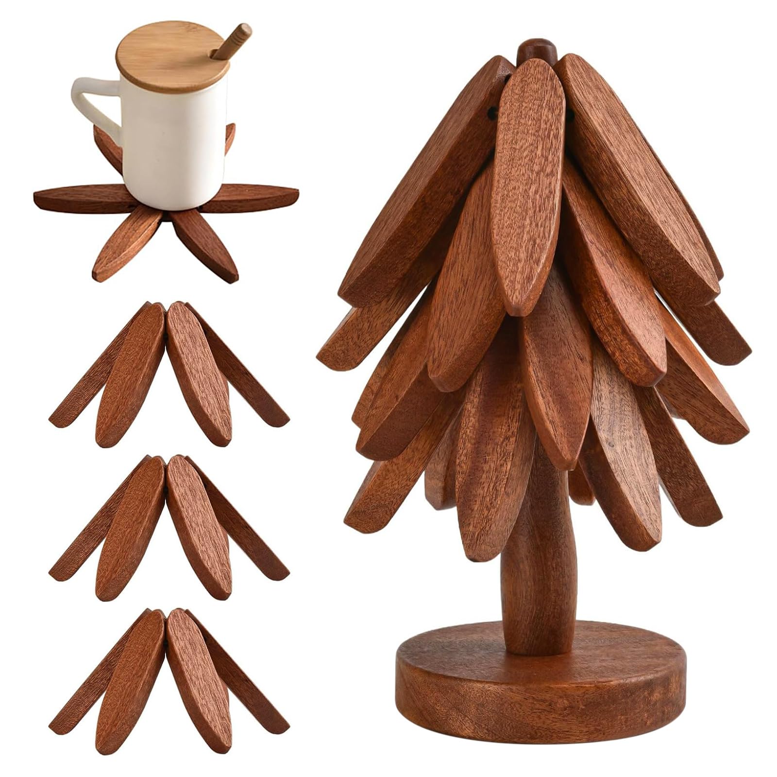 Wooden Tree Trivet Set - 4 Collapsible Hot Plate Stands With Storage Rack, Walnut