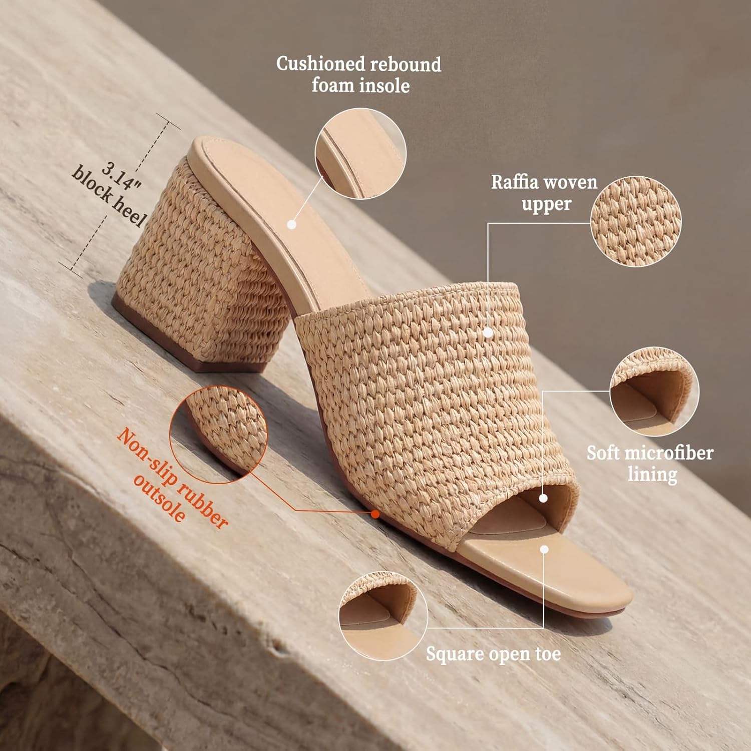 Monrovia Raffia Heels for Women, Square Open Toe Woven Slip On Sandals with Block Wedge Heel - Casual Beach Summer Heeled Sandals