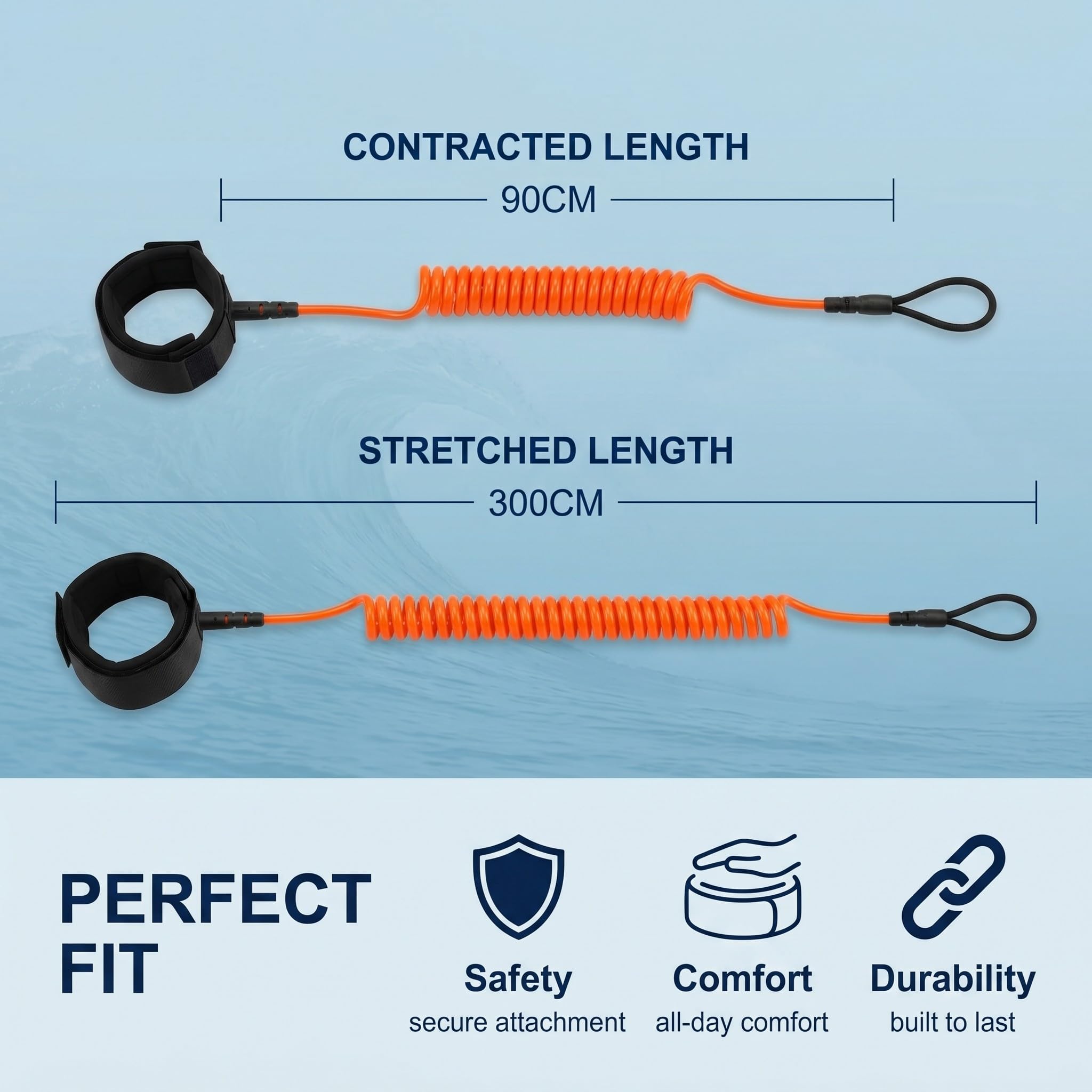 Leash de Surf 10ft 5mm, Laisse de Paddle Stand Up pour Planche de Surf et Kayak, Corde de Traction de Sécurité avec Attache Cheville Confortable, Accessoire SUP Orange Rouge