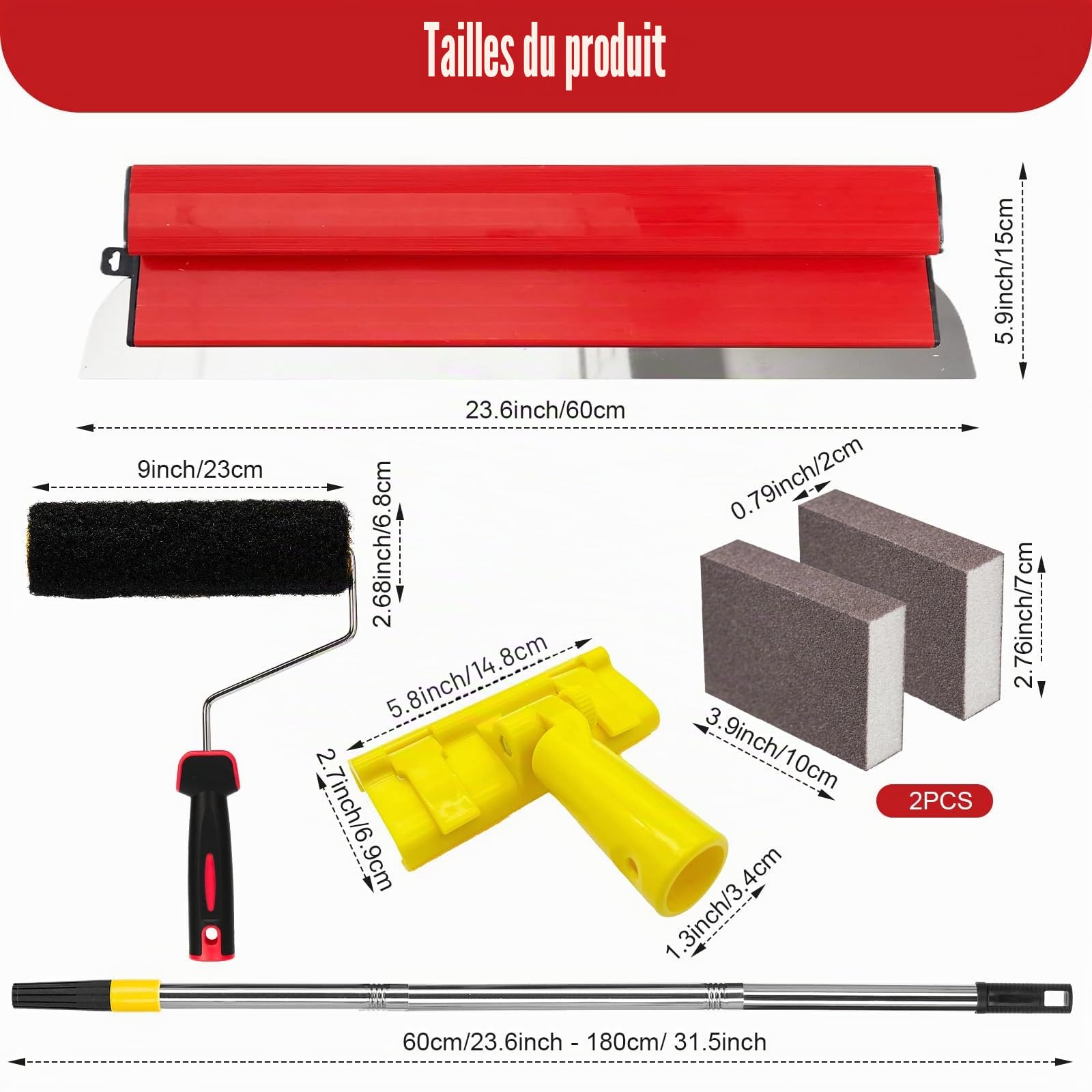 Kit plaquiste complet pour enduit et rénovation – Lame inox renforcée 60 cm avec perche télescopique 1,8 m, brosse 9”, blocs abrasifs, pour murs et plafonds