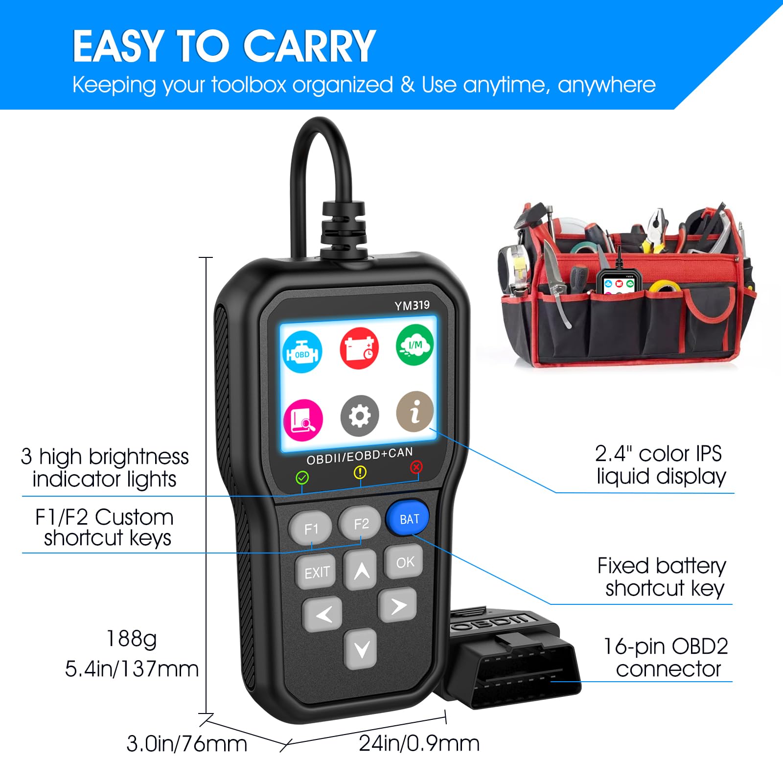 OBD2/EOBD Auto Diagnostica Italiano, AIOMEST Motore Scanner Diagnostico Diagnosi Auto Professionale, Car Lettore Guasti con Ricerca DTC, Monitoraggio Batteria, 2.4" IPS, Compatibile Auto dal 1996