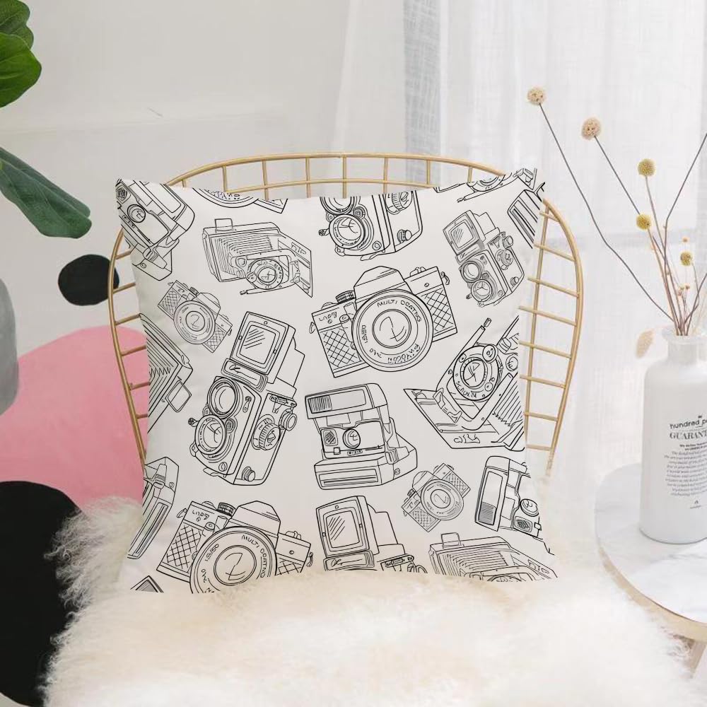 HYMSXW Cushion Cover,Throw Pillow Case Home Decorative for Living Room Bedroom Sofa Chair 20X20 Inch,Hand drawn black and white line drawing of retro camera,Pillowcase 50X50cm