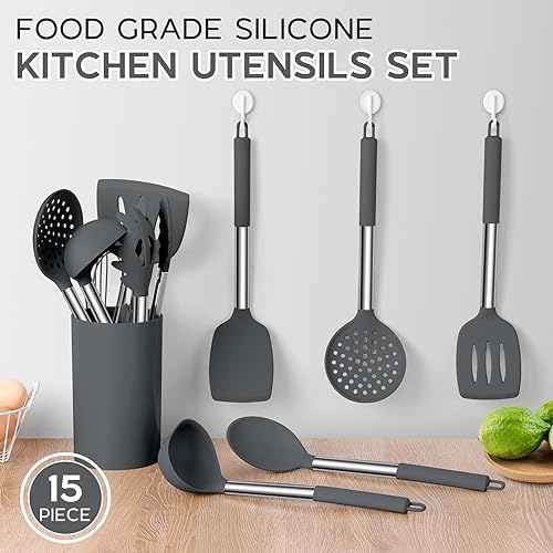 Miniatura 3 de Onader Juego de Utensilios de Cocina de 15, Utensilios de Silicona y Acero Inoxidable Juego de Espátulas con Soporte, Resistente al Calor y Apto