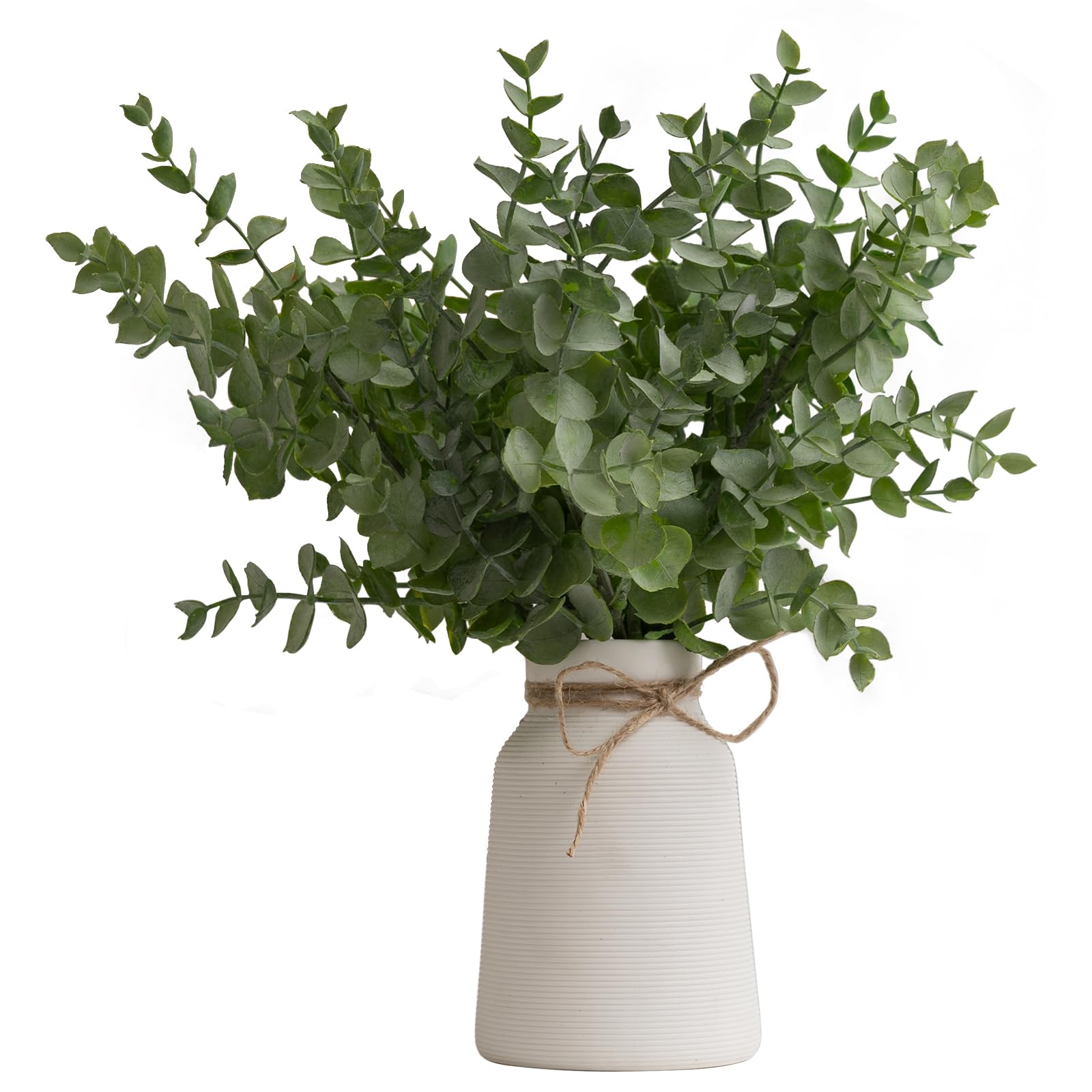 BACAMA Artificial Eucalyptus Stems in White Ribbed Texture Ceramic Vase,Realistic Greenery 14" Faux Plant Arrangements Home Decor Weddings Centerpieces