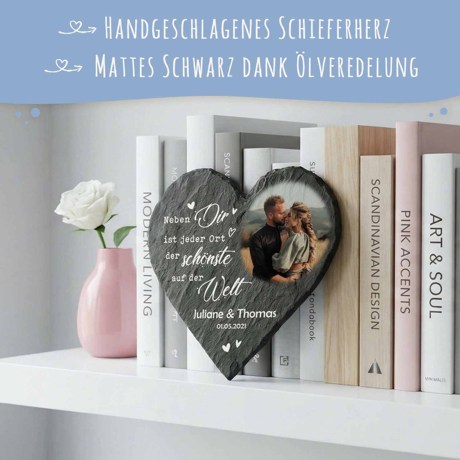 GRAVURZEILE Bedrucktes Schieferherz - Paarfoto - Personalisiert mit Name, Foto & Datum - Individuell bedruckt - 20 x 20 cm - Geschenk für Paare zum Valentinstag, Jahrestag oder Hochzeit