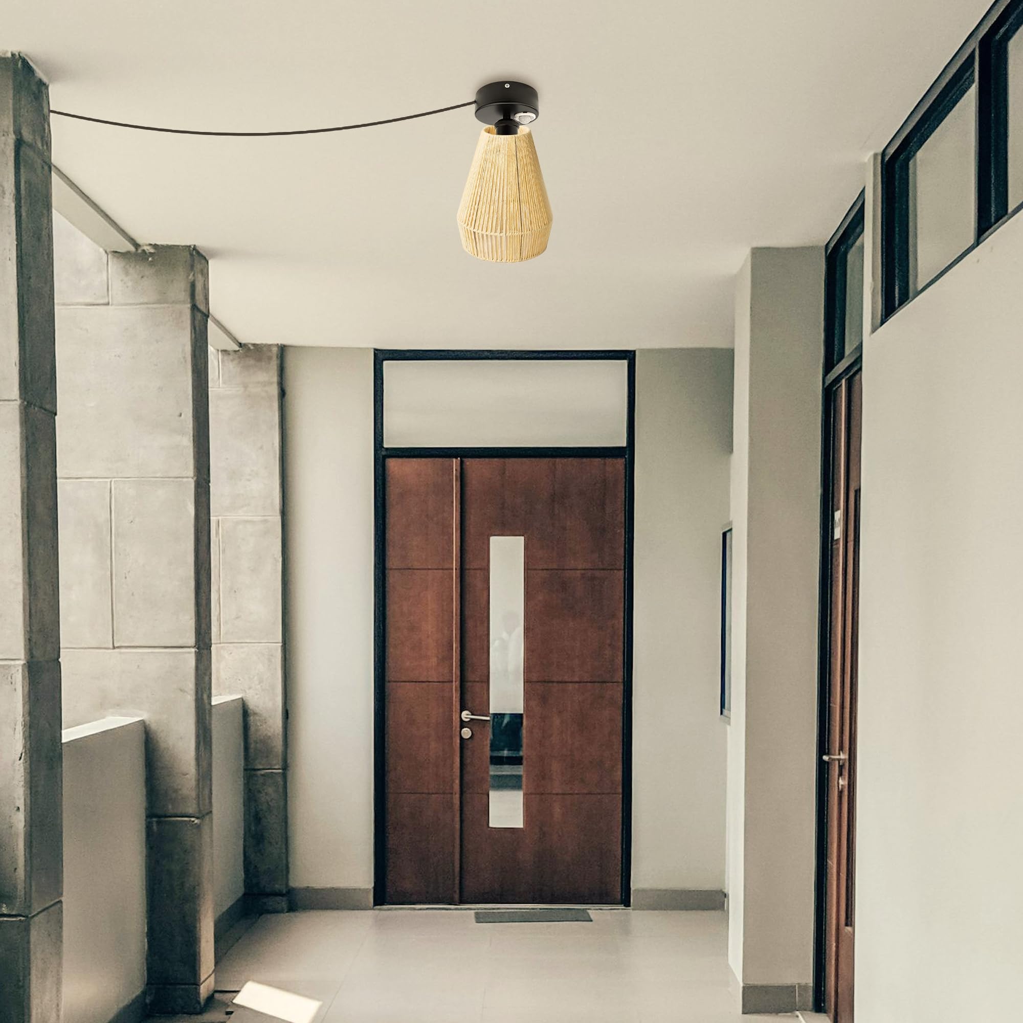 Lampada da soffitto con sensore di movimento interno, giallo boho stile rattan, lampada da soffitto radar, sensore di movimento con cavo da 4,5 m e portalampada E27, per corridoio, bagno,