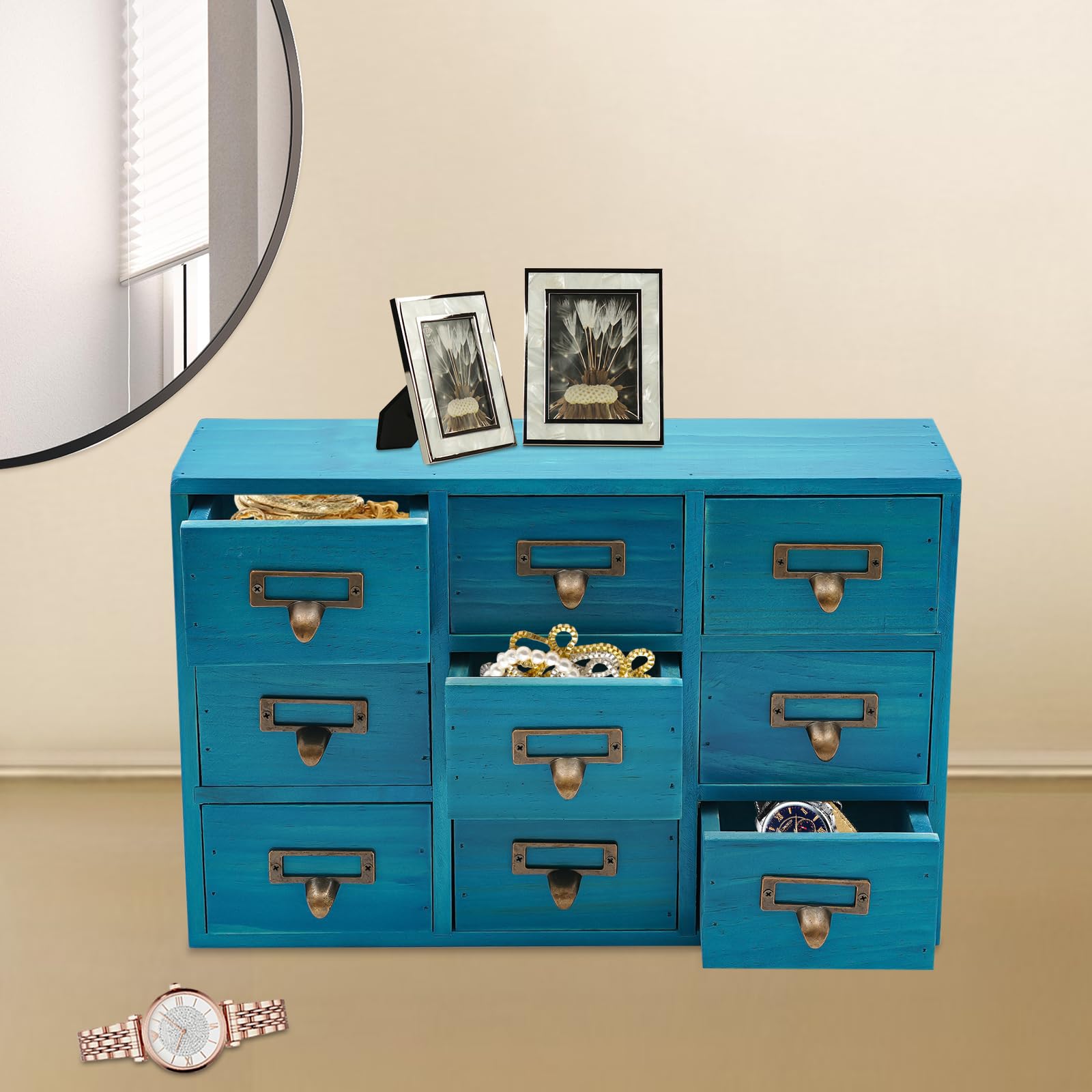 Drawers Storage Cabinet, 9 Drawers Apothecary Cabinet with Labels Apothecary Desk Drawer Organizer Tea Coffee Pod Storage Tool Wooden Card Catalog Storage Box for Kitchen, Office, Shop (Blue)