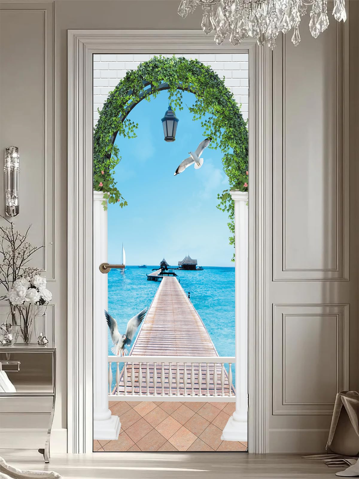FLFK 3D Door Sticker Peel and Stick 77x200cm- Self-Adhesive Door Murals Wallpaper Poster Bridge Seascape for Home Decor(2Pcs/Set)