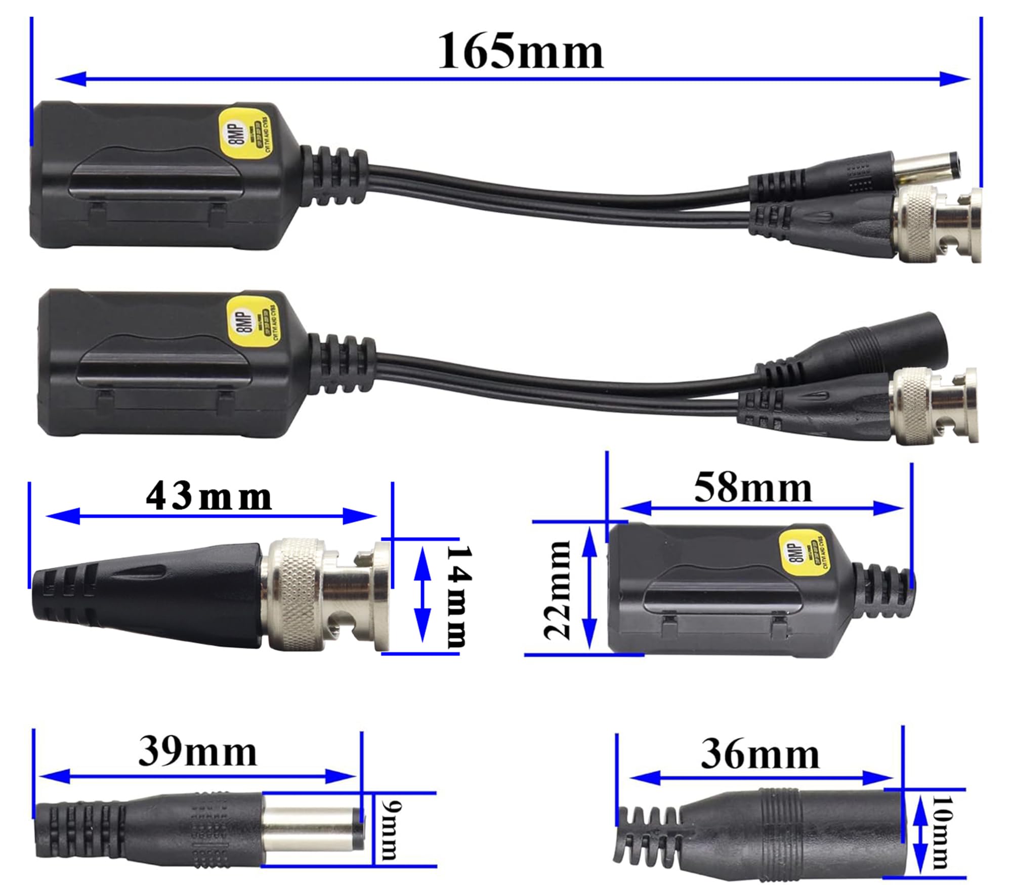 HD Video Balun BNC Macho a RJ45 Hembra Full HD RJ45 Hembra a BNC/DC Adaptador Cámara de Vigilancia Analógica Transceptor de Red para Todos los Equipos de Video (16.5 cm/4 pares)