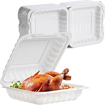 To Go Containers 8" 34 oz 55 Pack - Shrink Wrap Ready to Use BPA Free Mineral Filled PP | Reusable Dishwasher & Microwave Safe | Stackable Clamshell Takeout White Catering Food Container