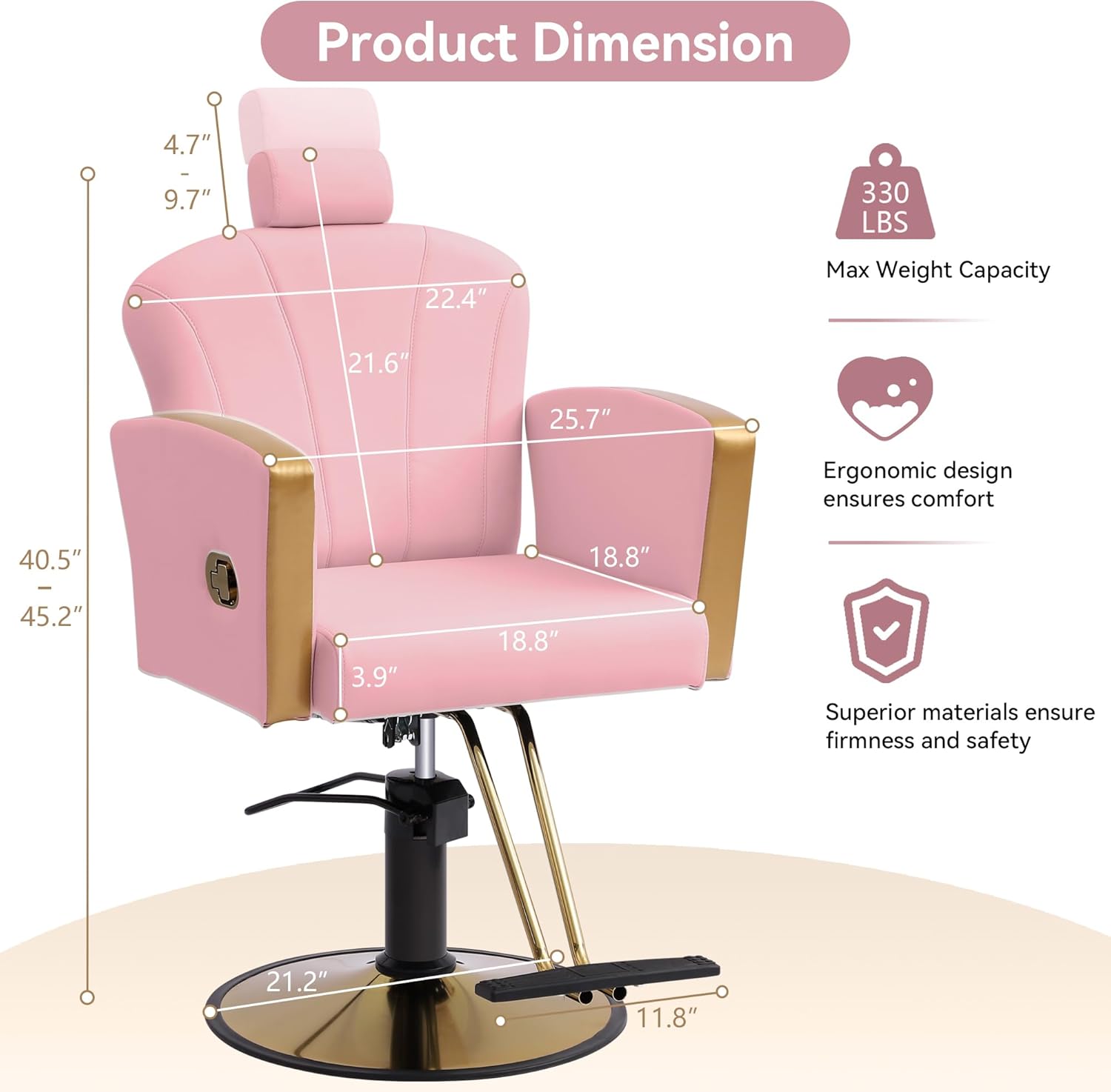 Height Adjustable Salon Chair for Hair Sylist, Reclining Salon Hair Chairs, Hydraulic Barber Chair, 360 Degree Swivel Shampoo Chairset for Barbershop (Pink-Golden)