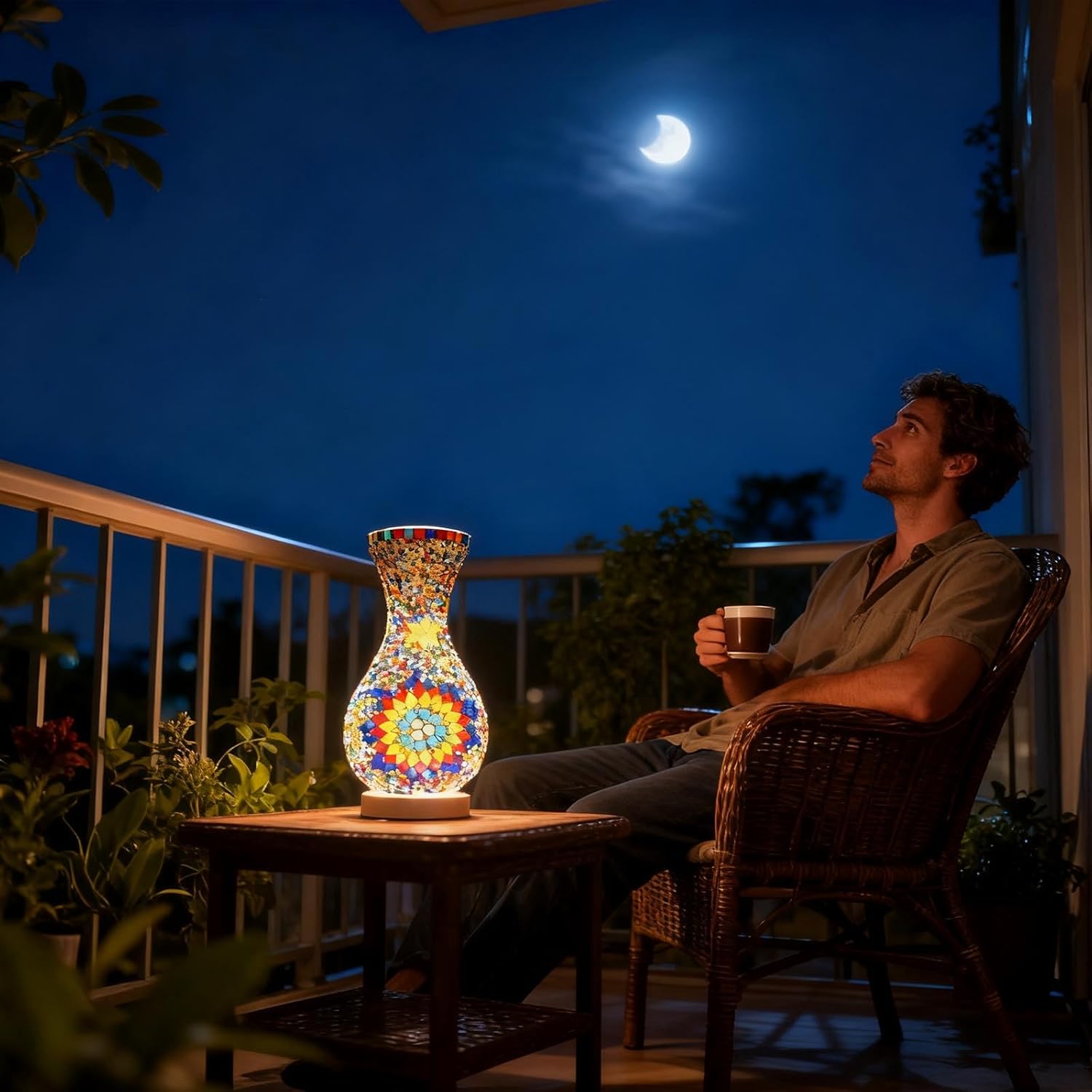 Handcrafted Turkish Table Lamp Stained Glass Vase Wood Base for Bedside Reading Coffee Table Centerpiece and Romantic Dinner Lighting Plug-in with Button - USB Plug（5.11in*11in）