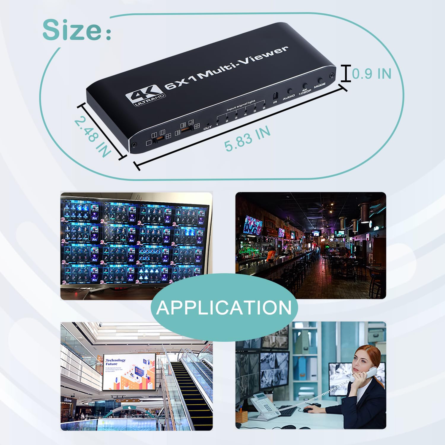 Przełącznik multiwizora HDMI 6x1, bezszwowy czteroosobowy przełącznik 6 w 1 z pilotem na podczerwień, kompatybilny z 4K Full HD i 9 trybami wyświetlania dla kamer bezpieczeństwa, konsol do gier