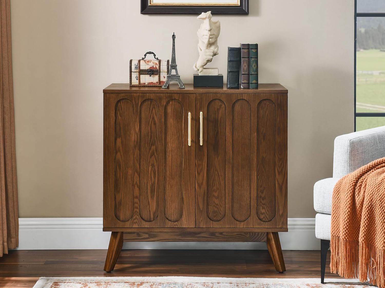 LKTART Sideboard Buffet,Mid Century Modern Storage Cabinet with Doors and Shelves, Boho Style Wooden Buffet Cabinet for Living Room,Walnut