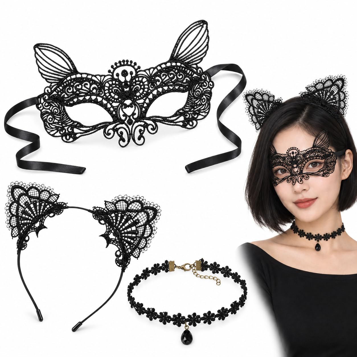 Cat Mask and Cat Ears Headband, 3 Pcs Halloween Cat costume for Women