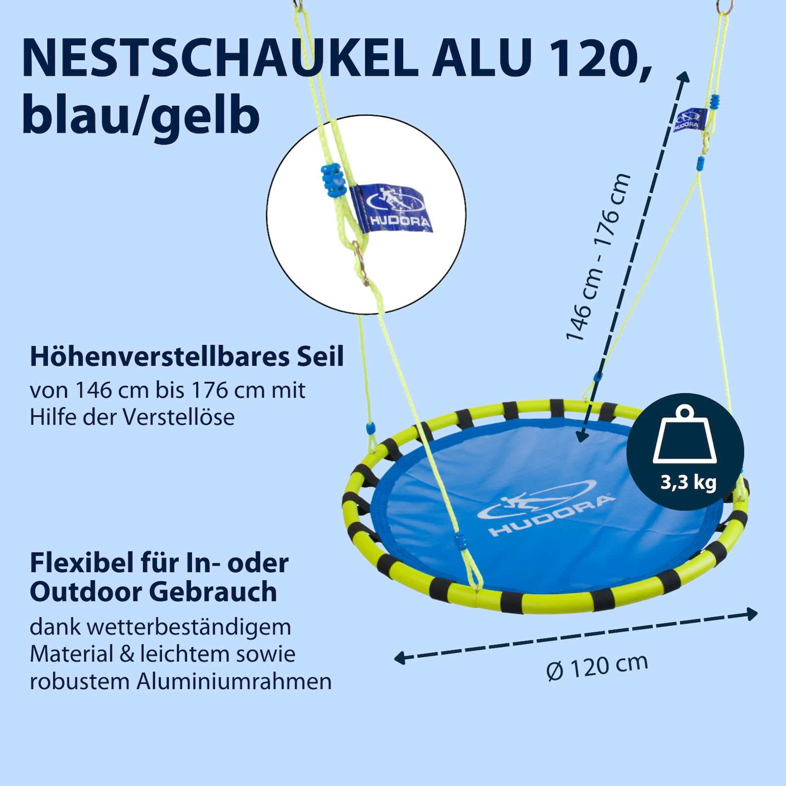 HUDORA Nestschaukel Alu 120 - Hochwertige Indoor & Outdoor Korbschaukel - Hängeschaukel mit 120 cm Durchmesser - Höhenverstellbare Schaukel für Kinder & Erwachsene bis zu 120kg, blau/gelb