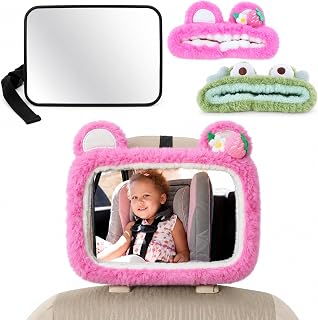 Baby Car Mirror with 2 Cute Plush Covers, Car Mirror for Baby Rear Facing, Wide View Shatterproof Baby Mirror for Car Seat, Convex Baby Car Seat Mirror with Adjustable Strap