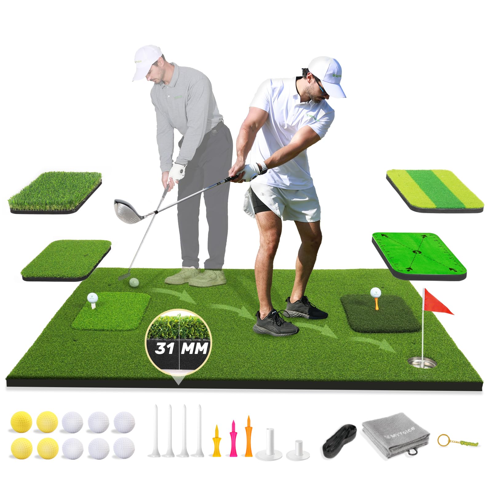 MyVoice Ultimate Golf Mat Set - 5x4ft Large Golf Hitting Mat for Indoor & Outdoor Use, Thickened Design with Interchangeable Mats, Includes 10 Practice Balls & 9 Tees, Golf Enthusiasts