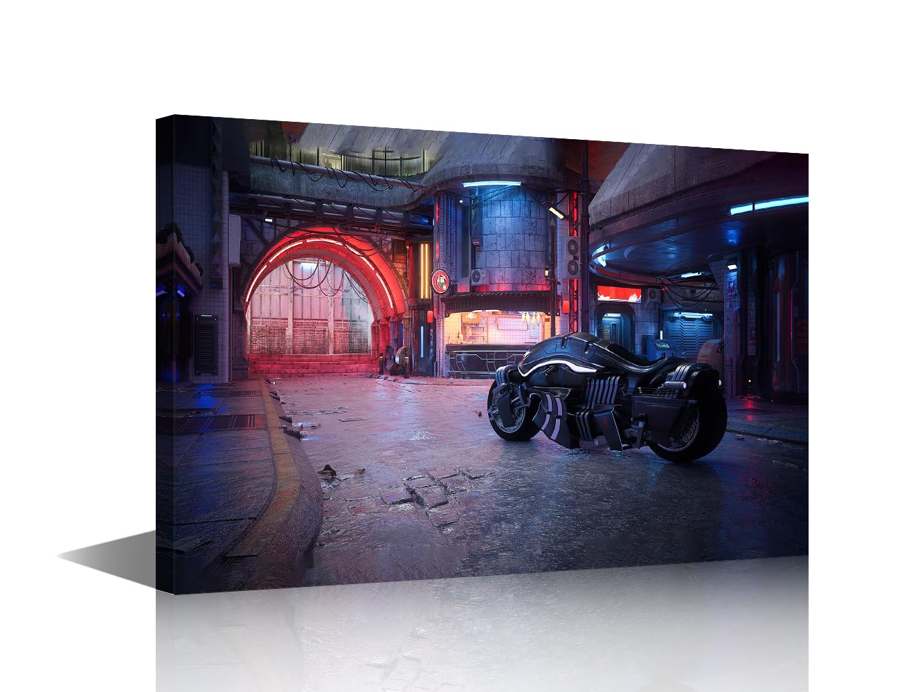 TISHIRON Cyberpunk Artwork Kitchen Decor Cyberpunk Motorcycle Painting for Living Room Fantasy Dystopian Future City Picture Prints Stretched and Framed Ready to Hang 12x18 in