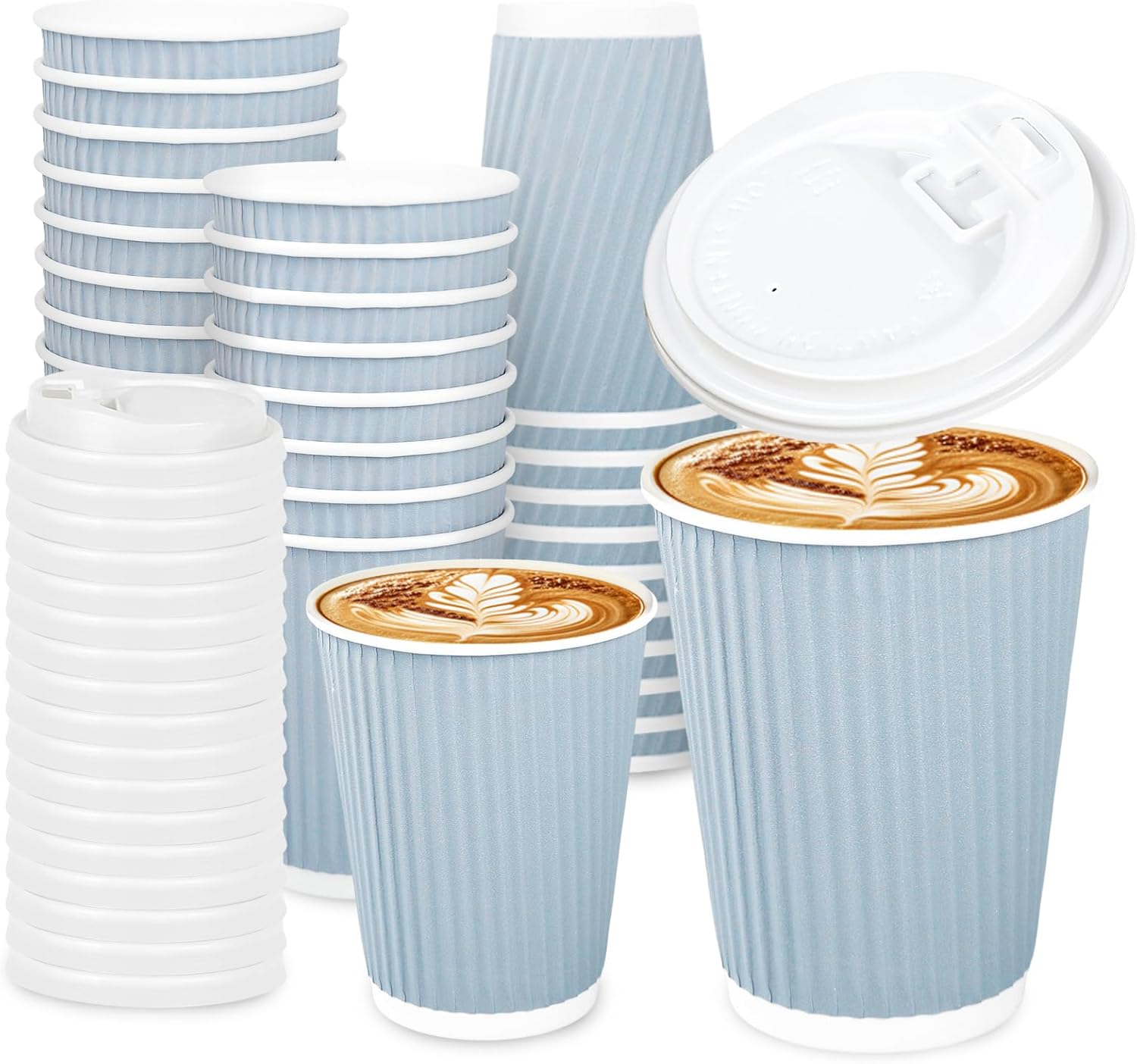 Whaline 100Pcs Light Blue Disposable Coffee Cups with Lids 12oz Solid Blue Paper Cups Corrugated Ripple Wall Insulated Hot Cups for Home Office Party Supplies