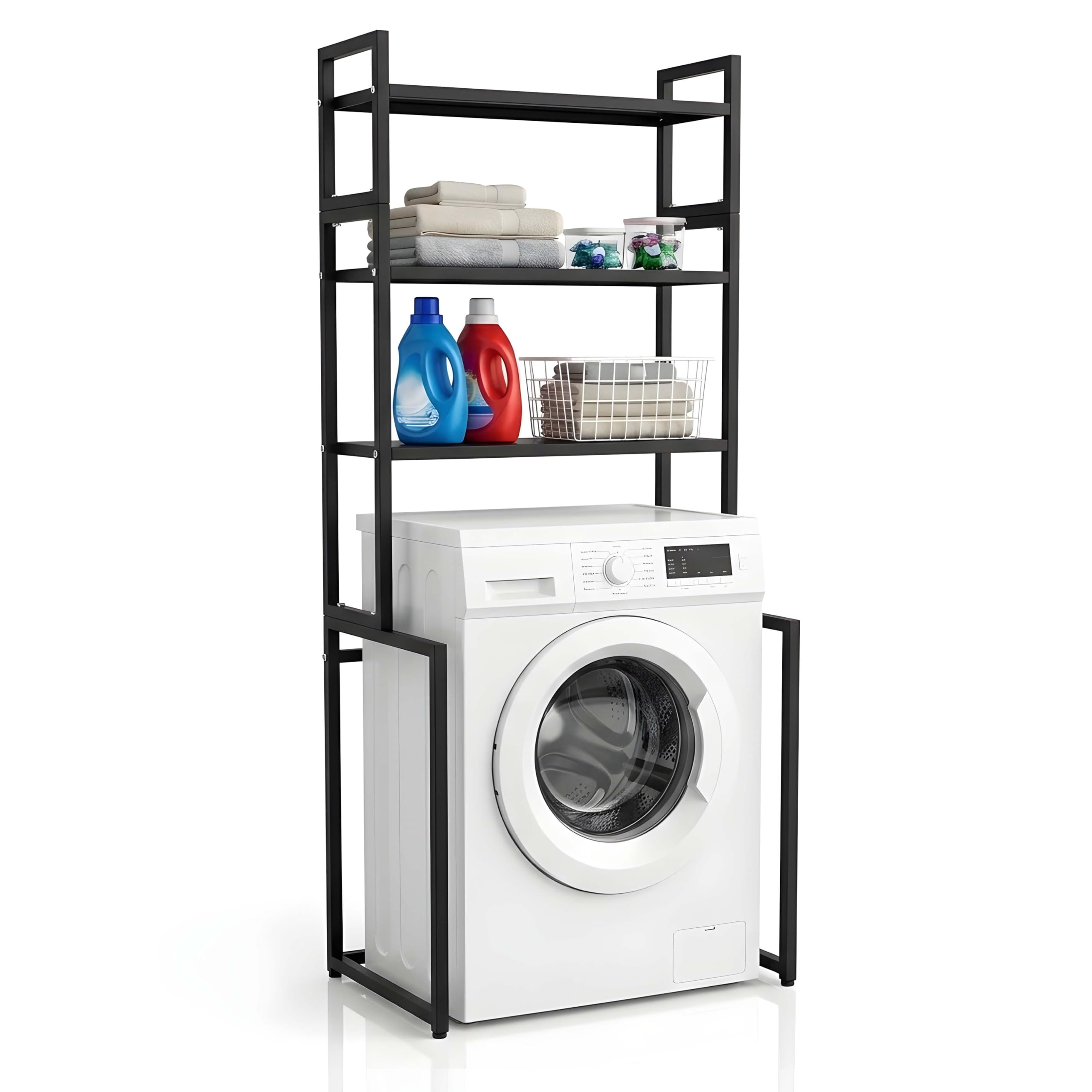 Metal Washing Machine Stand for Front Load & Top Load Washing Machines, 3-Tier Over Washing Machine Storage Rack, Heavy Duty Space Saving Bathroom & Utility Room Stand Black-image-16