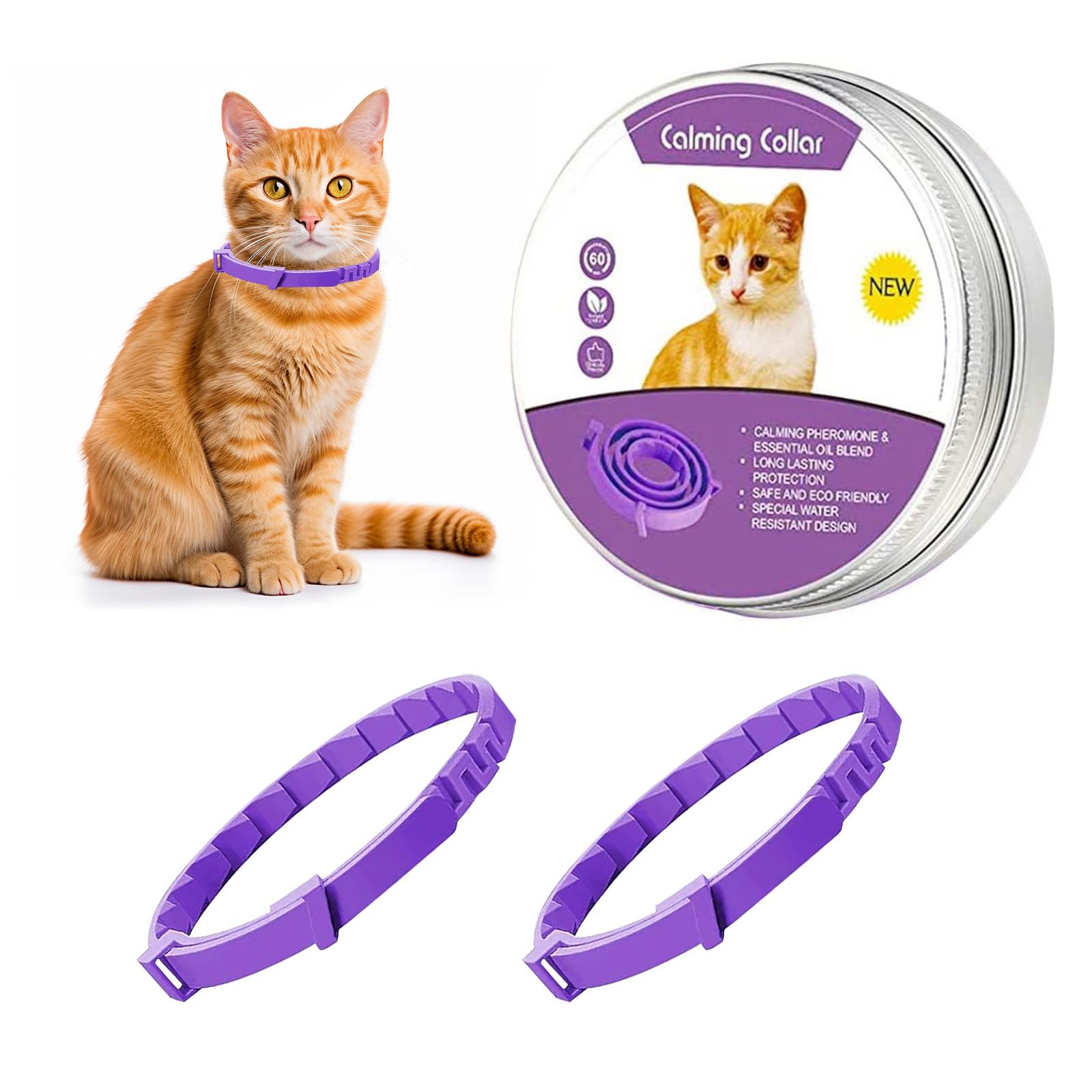 ChAusa 2 Piezas Collar Calmante para Gatos, Collar Antiansiedad con Tamaño Ajustable, Feromonas Calmante a 60 Días, Impermeable Natural Collar, para Gatos Pequeños, Medianos y Grandes (Púrpura)