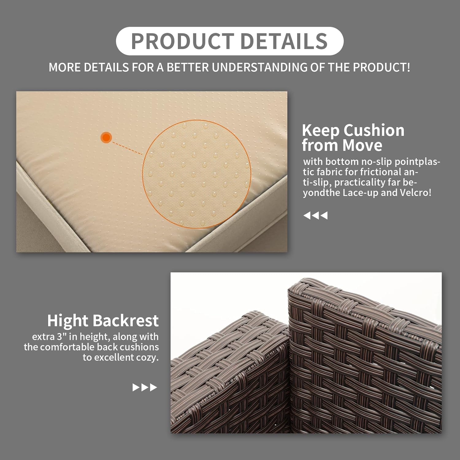 Patio Furniture 3-seat Sofa Wicker Outdoor Furniture Outdoor Couch Deep Seat Hight Backrest Non-Slip Cushions, Khaki image 4 of 7 B0F1MN5F5L