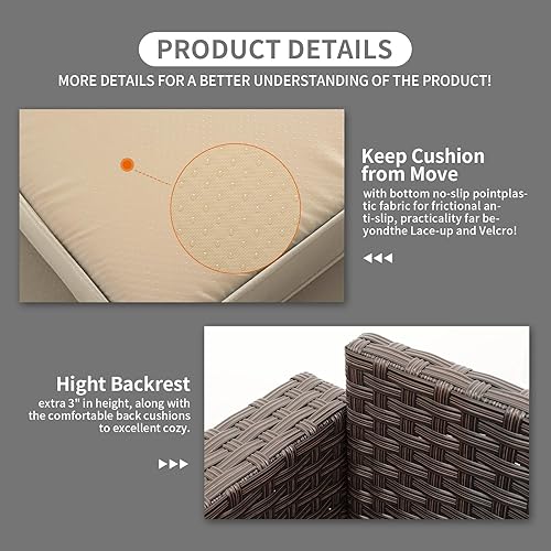 Miniatura 4 de Muebles de patio de 3 asientos, sofá de mimbre para exteriores, sofá de exterior, asiento profundo, respaldo alto, cojines antideslizantes, color