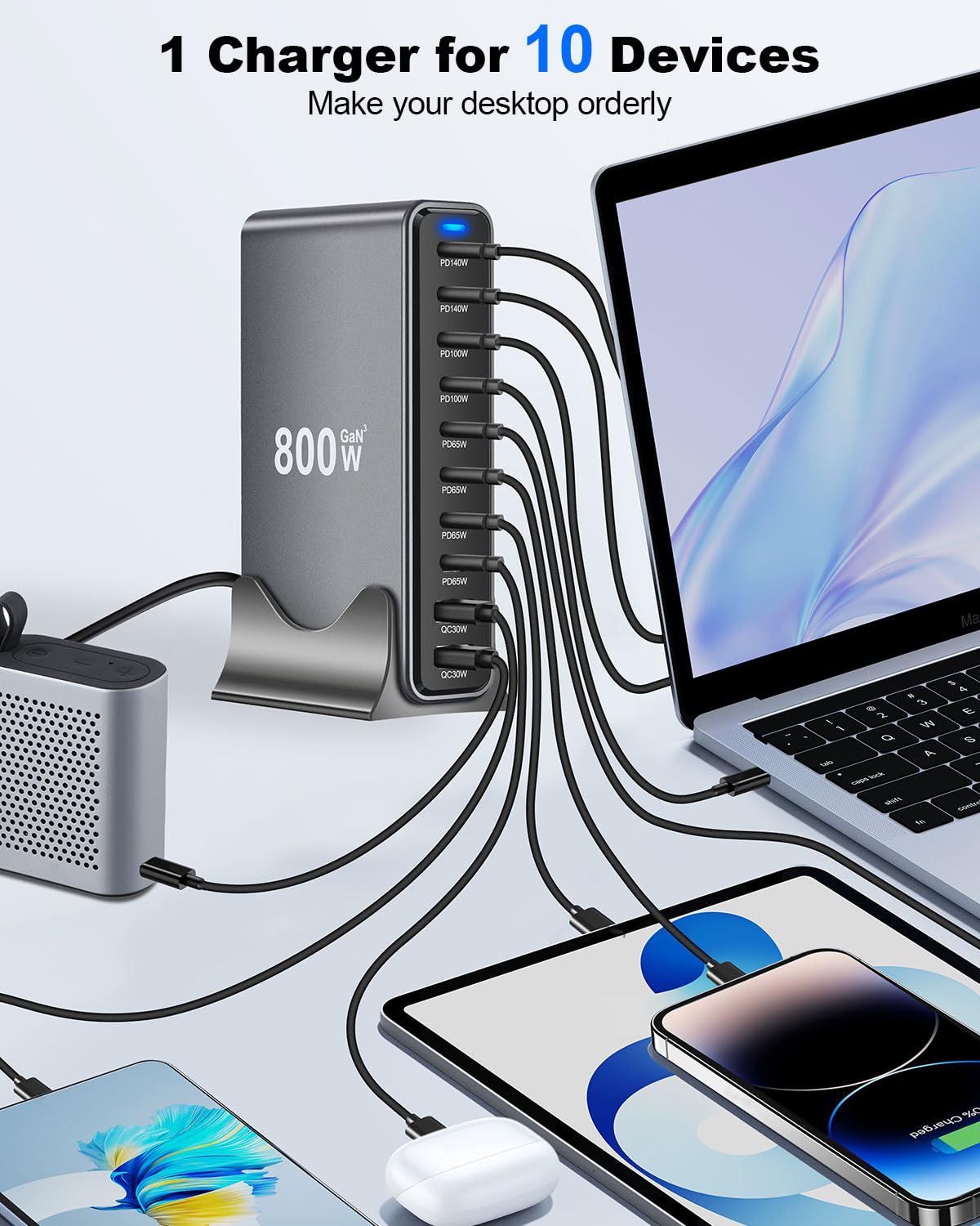 Cargador USB múltiple de 800 W, 10 puertos, cargador rápido con 8 USB C + 2 USB A, estación de carga para varios dispositivos compatible con Mac-Book, Pad, Phone 16/15/14 Serie, G-alaxy S22/S20, D-ell