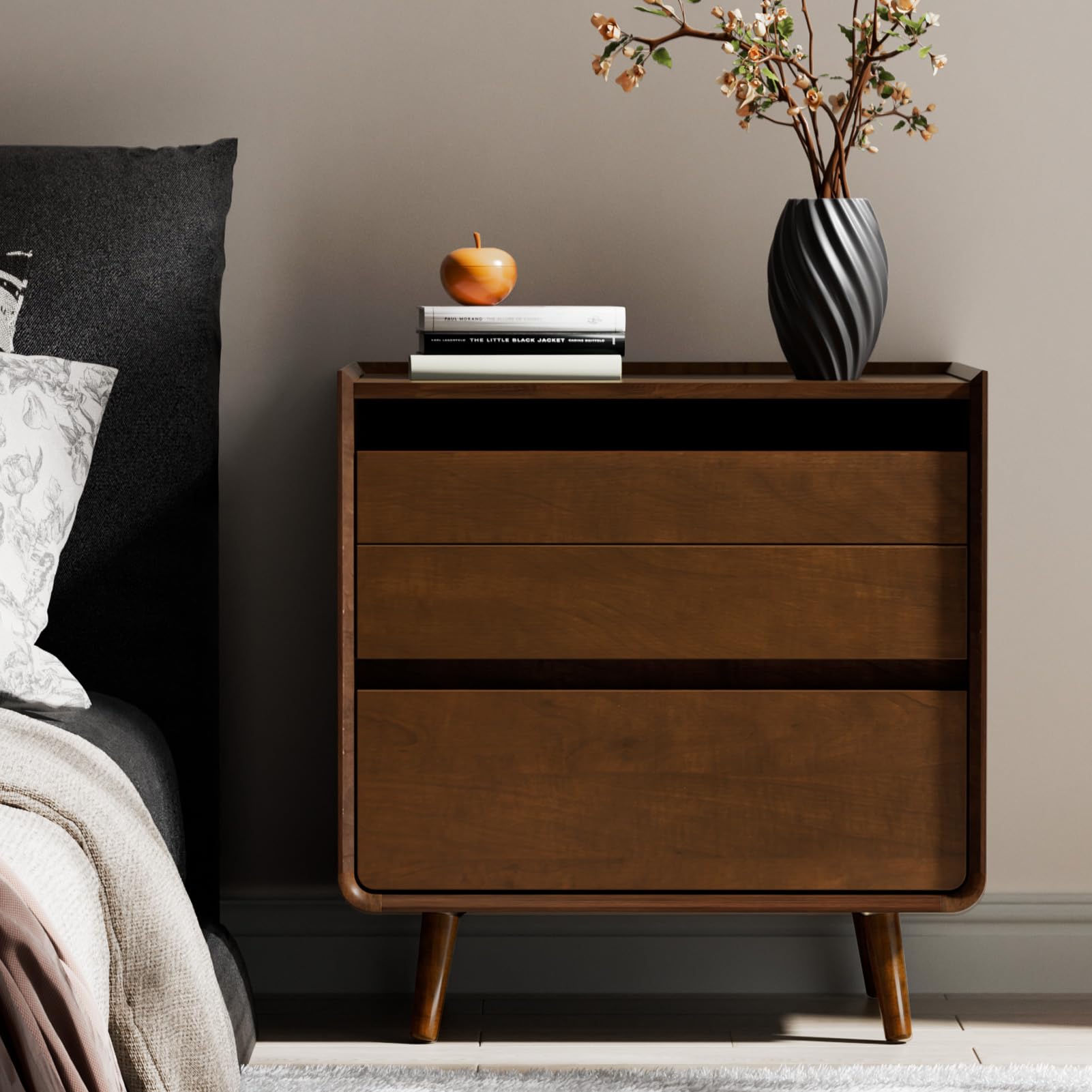 25.43" Walnut Finish Nightstand with Charging Station Mid Century Modern Night Stand with Leg Wood Bedside Table with Drawers Nightstand for Bedroom Dorm