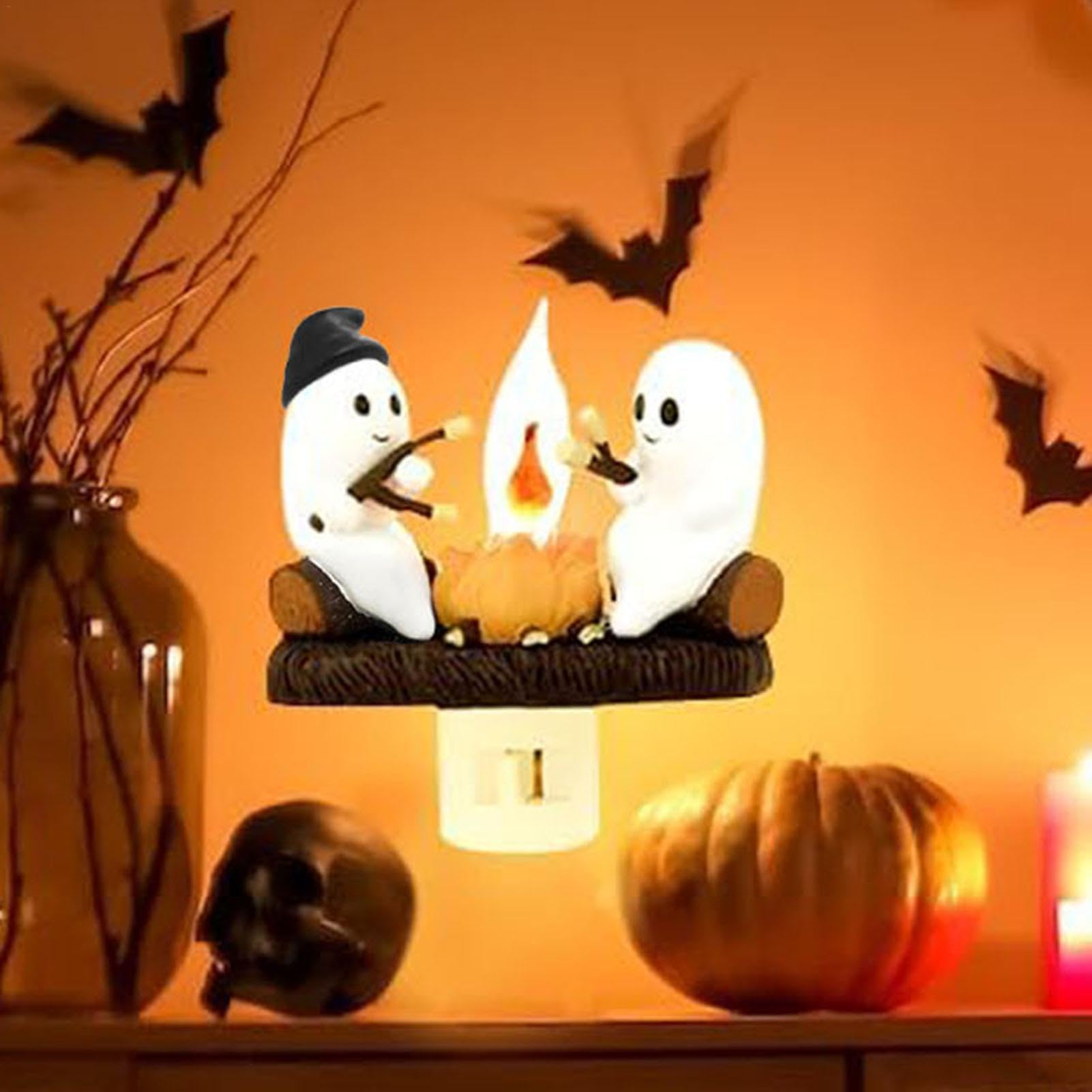Skeleton & Ghost Bonfire Night Light - Halloween Flickering LED Lamp, Glow-in-the-Dark, Cute Spooky Decor
