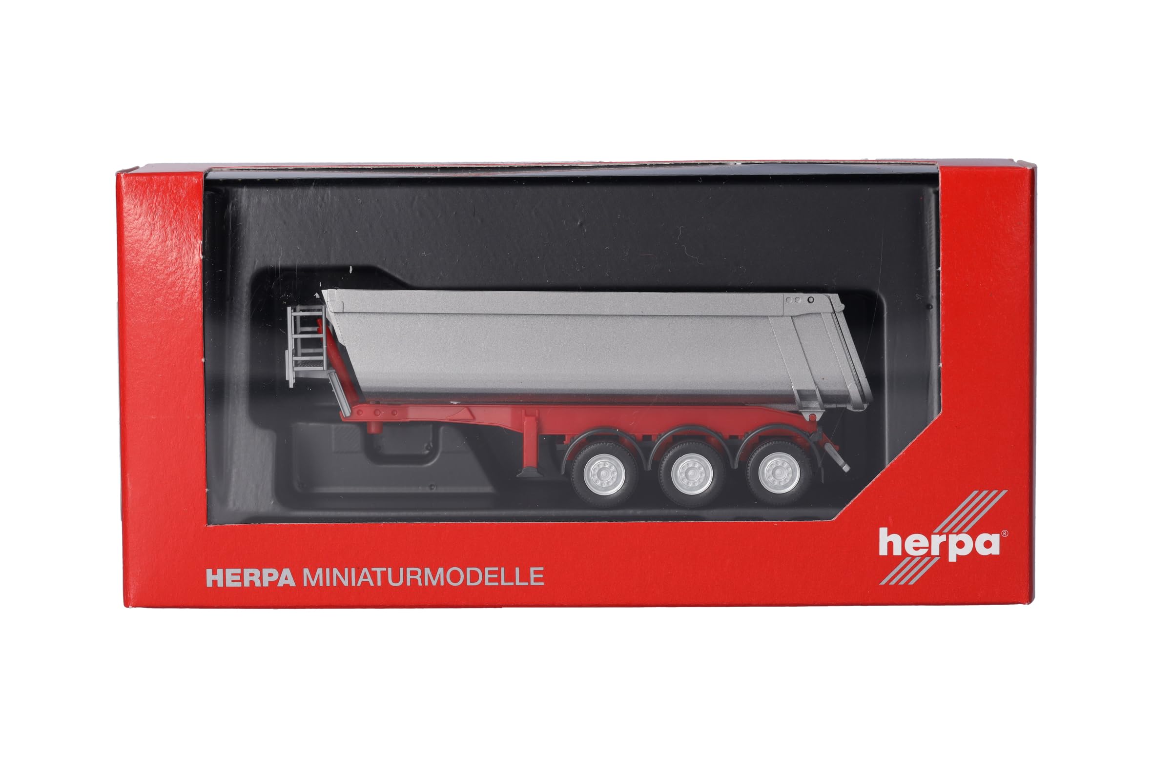 Herpa LKW Modell Schmitz Cargobull Kippsattelauflieger mit Stahlmulde, silbermetallic, Miniatur im Maßstab 1:87, Sammlerstück, Made in Germany, Kunststoff