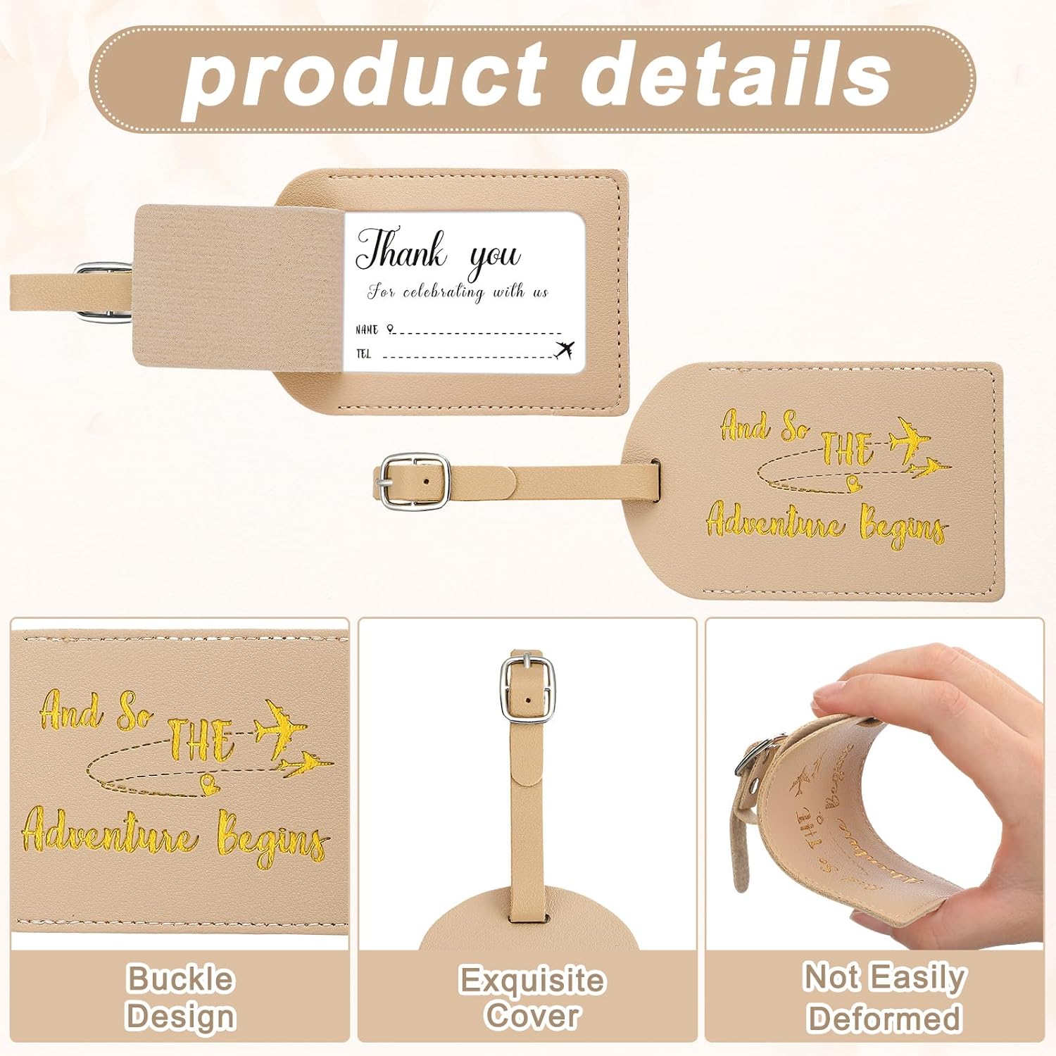 Sweetude 48 Sets Leather Luggage Tag Bulk and So The Adventure Begins Luggage Tags with Name Card for Wedding Bridal Shower Bachelorette Honeymoon Travel Graduation Gifts(Apricot)
