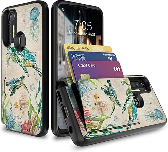 Case for Motorola Moto G Stylus 2020 with Hidden Credit Card Slot Holder Case Dual Layer Hybrid Shockproof Soft Silicone TPU + Anti-Scratch Hard PC Flip Wallet Cover, Blue Sea Turtle
