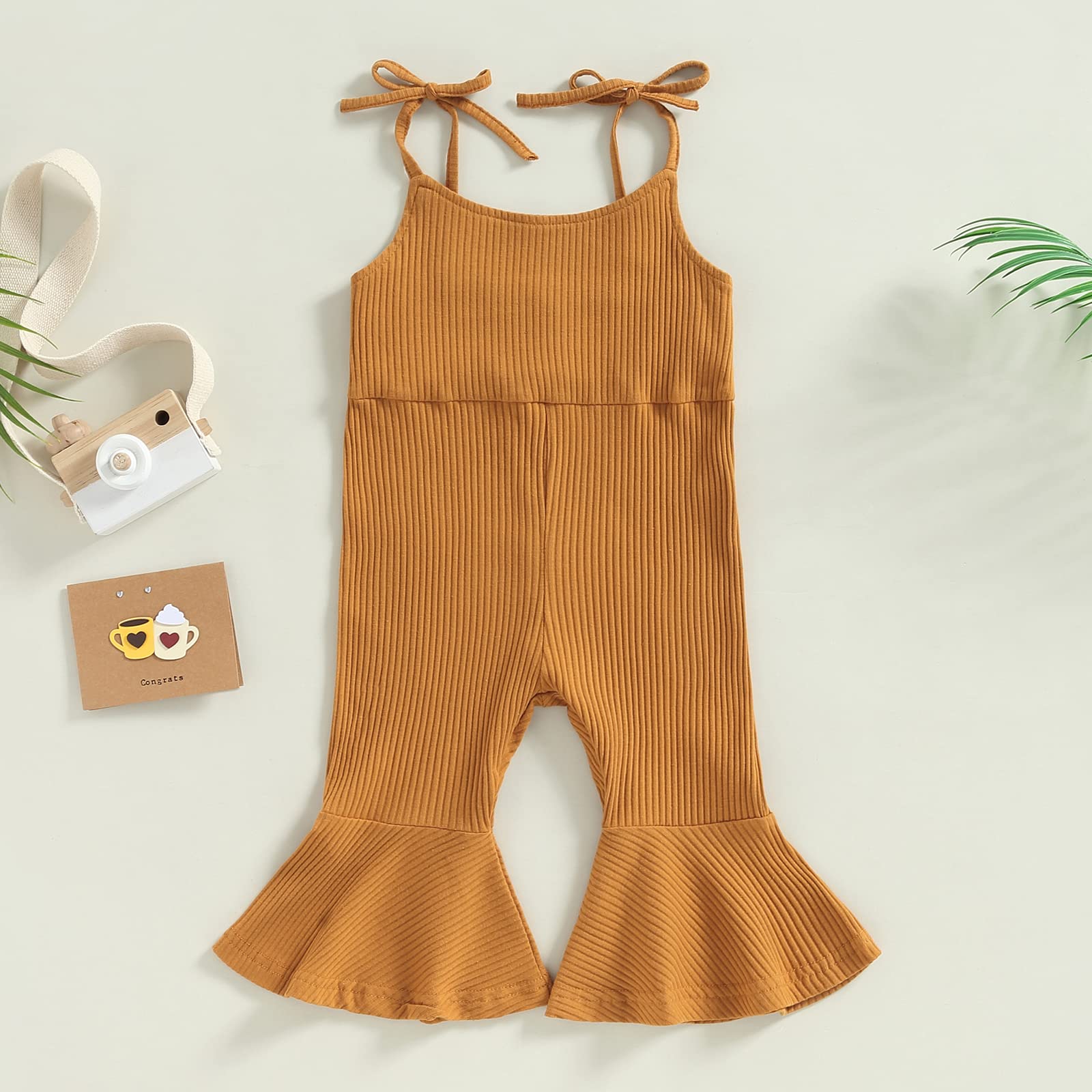 NANYKNIGHTY Baby Girl Bell Bottoms Romper Pants Knit Overalls Solid Ribbed Clothes Cute Toddler Girl Jumpsuit (Coffee, 3-4 Years)
