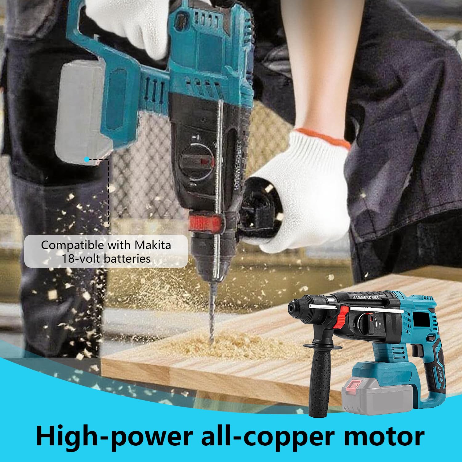 Bohrhammer für Makita Akku 18V, 3-in-1 Bürstenloser Schlagbohrmaschine mit 7 Stück Bohrer, Handschuhe, 3 Betriebsarten, Anti-Vibrationsgriff und Sicherheitskupplung (ohne Akkus und Ladegerät)