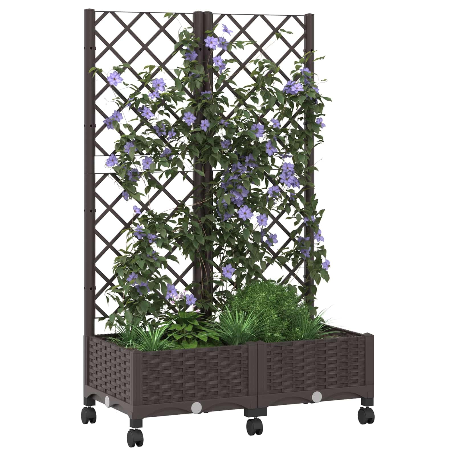 vidaXL Plant Pot with Trellis and Wheels Brown 80 x 40 x 131.5 cm Polypropylene